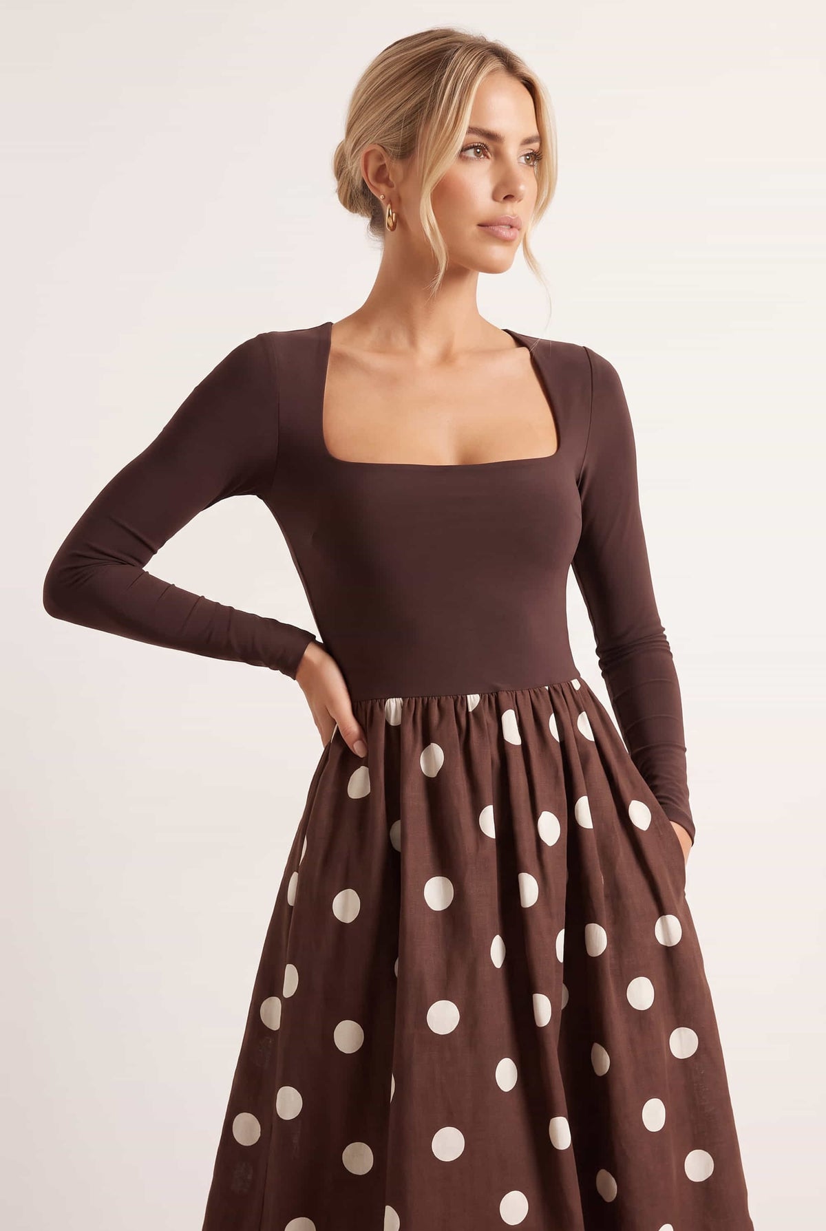 Sadie Chocolate Brown and Cream Polka Dot Long Sleeve Midi Dress