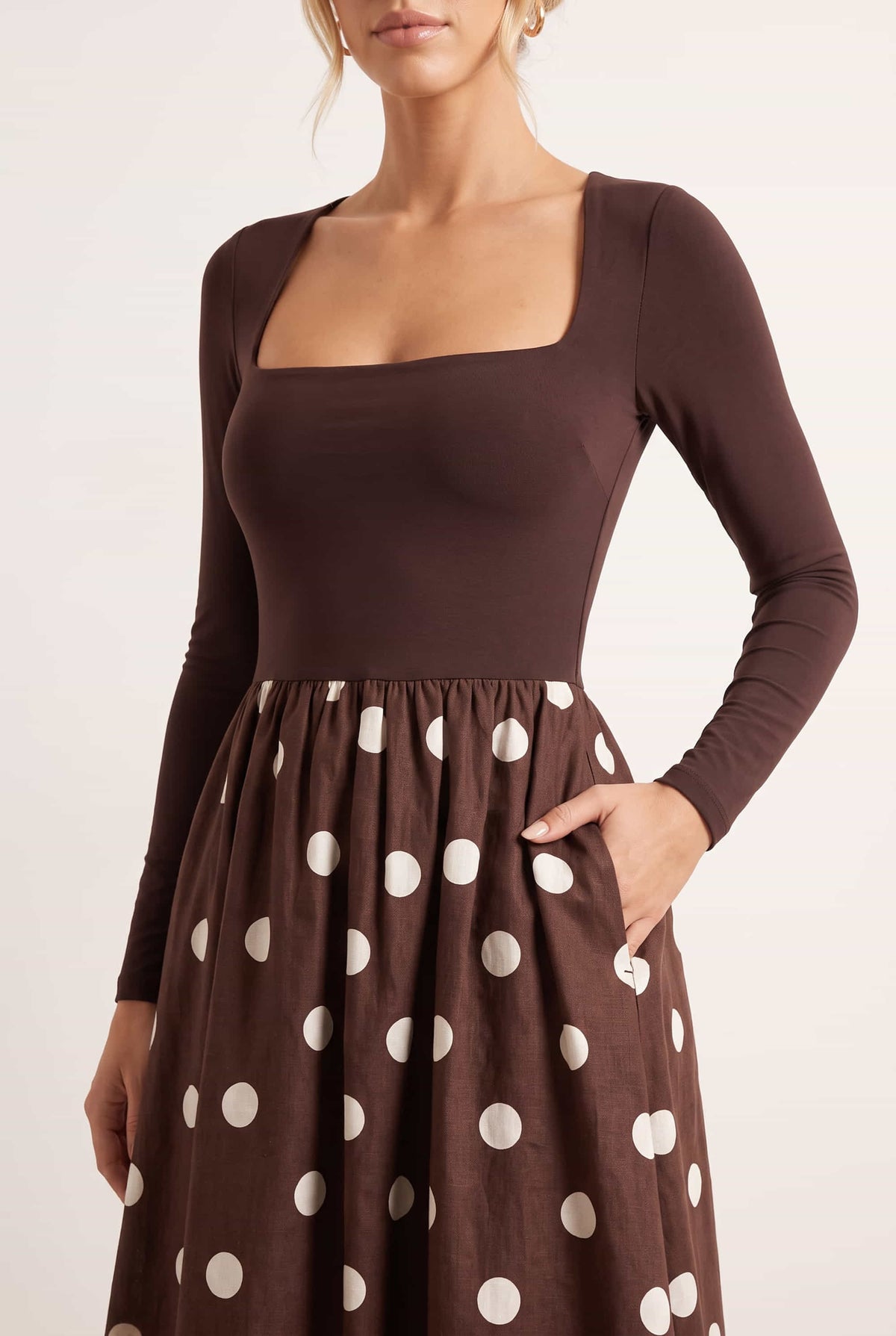Sadie Chocolate Brown and Cream Polka Dot Long Sleeve Midi Dress
