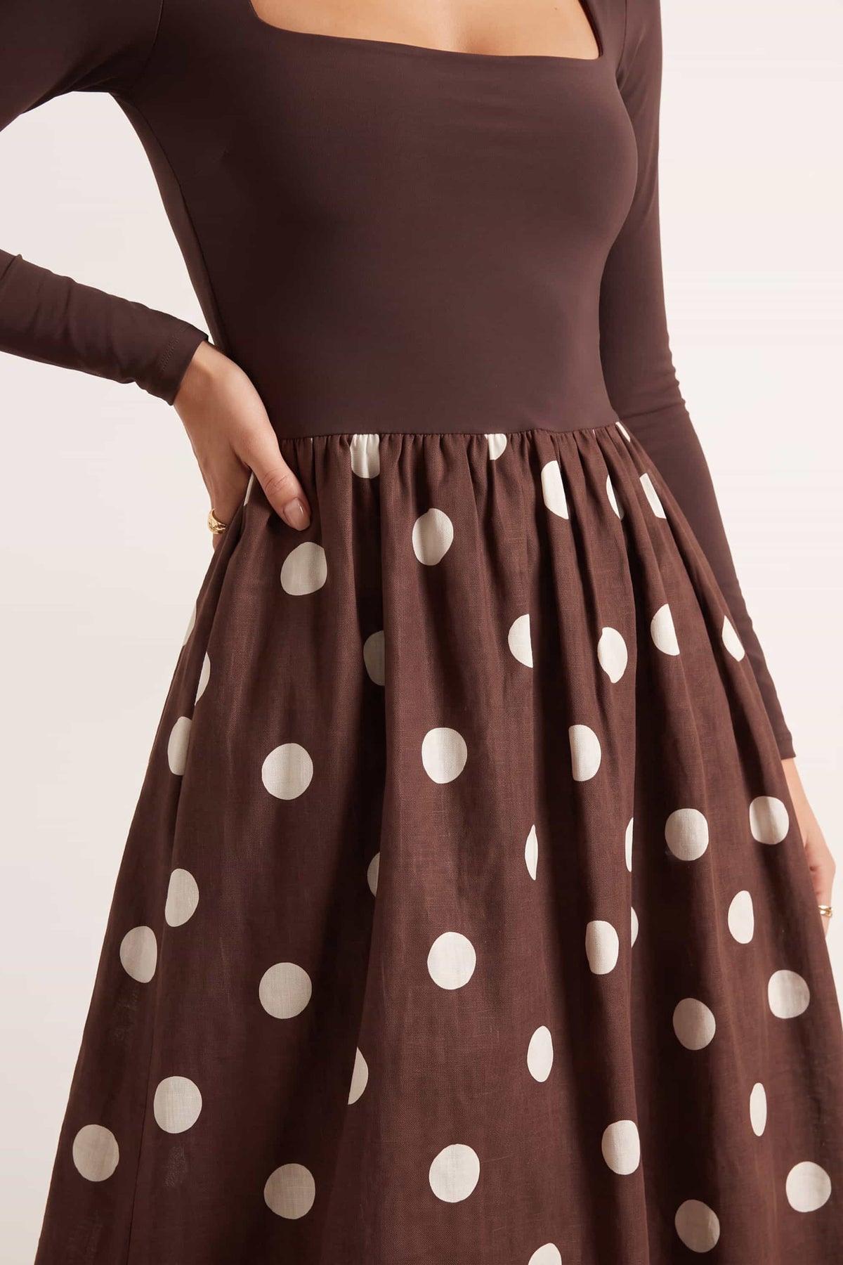 Sadie Chocolate Brown and Cream Polka Dot Long Sleeve Midi Dress