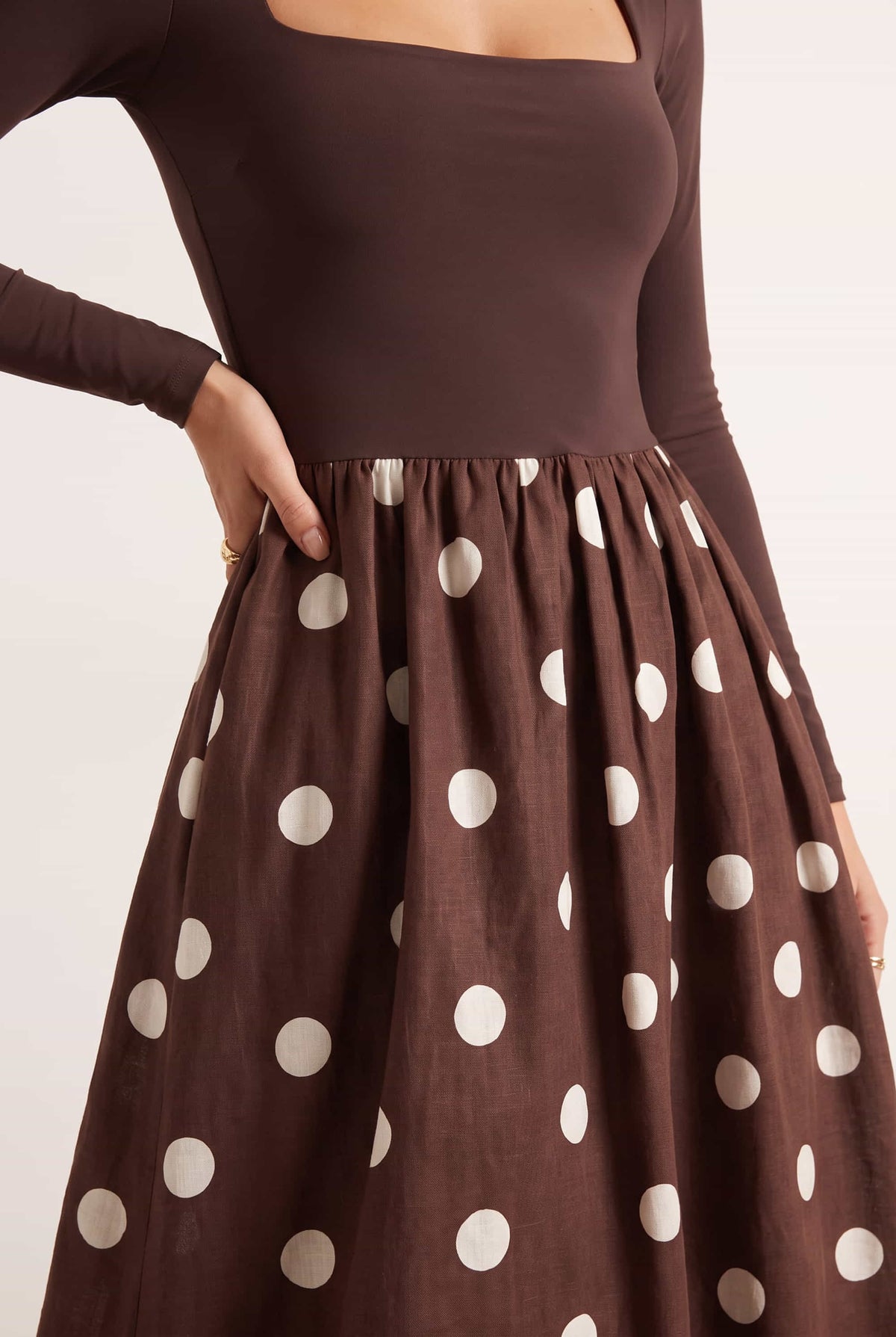 Sadie Chocolate Brown and Cream Polka Dot Long Sleeve Midi Dress