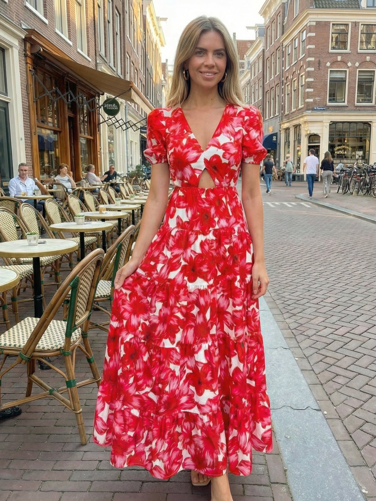 Zoe Tiered Cutout Maxi Dress / Red & White - Style Cheat
