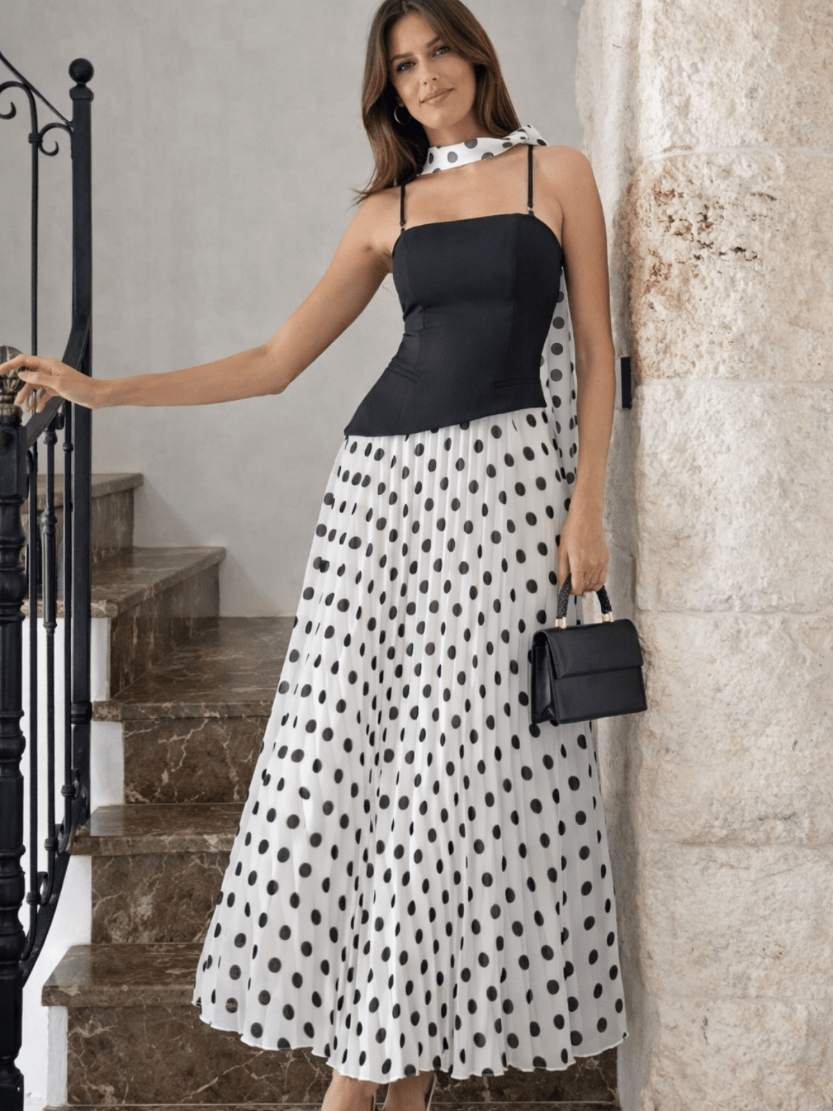 Viola Scarf Bandeau Pleat Dress in Mono Polka Dot