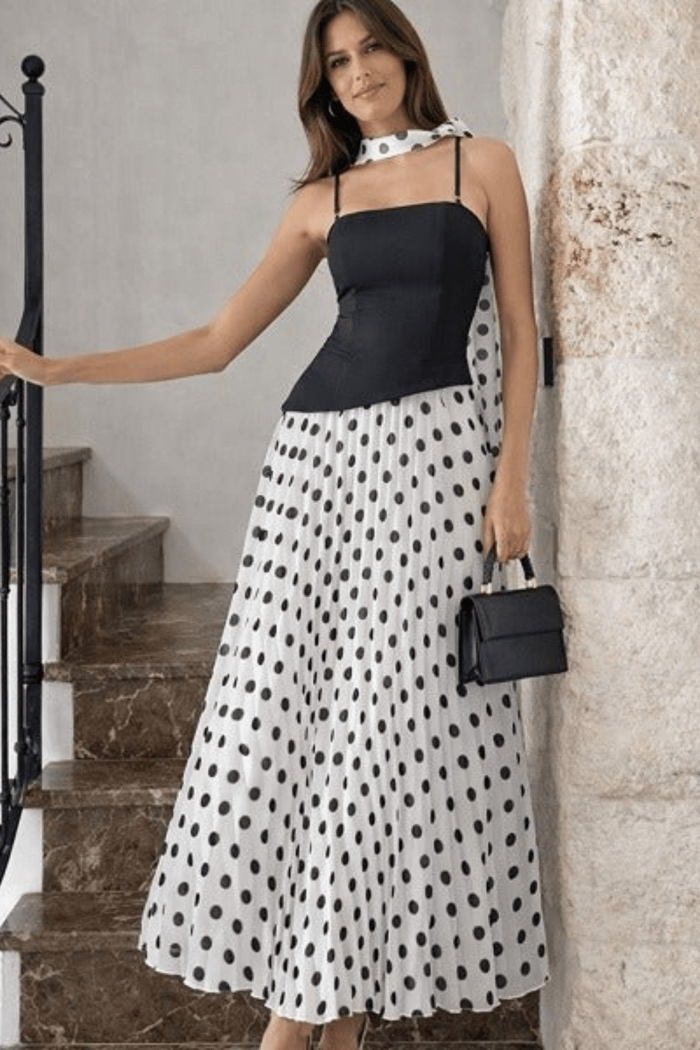Viola Scarf Bandeau Pleat Dress in Mono Polka Dot - Style Cheat