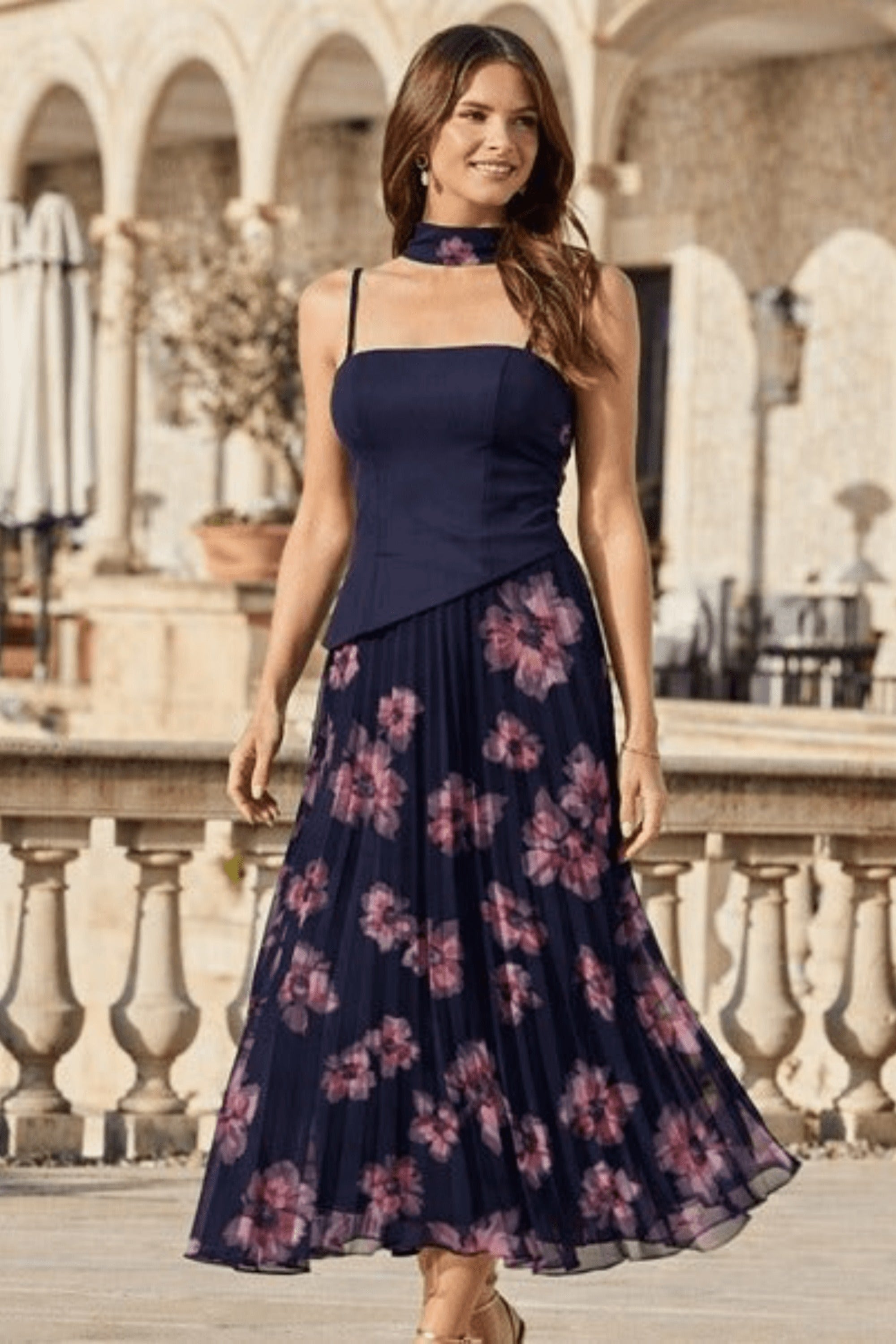 Viola Scarf Bandeau Pleat Dress in Navy