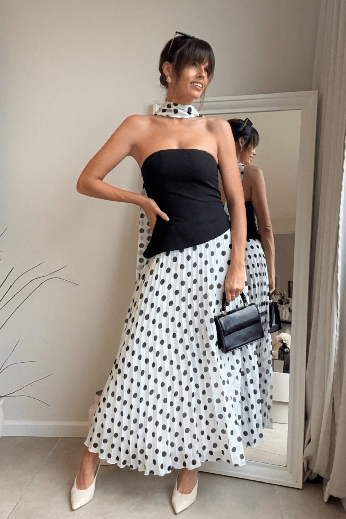 Viola Scarf Bandeau Pleat Dress in Mono Polka Dot - Style Cheat