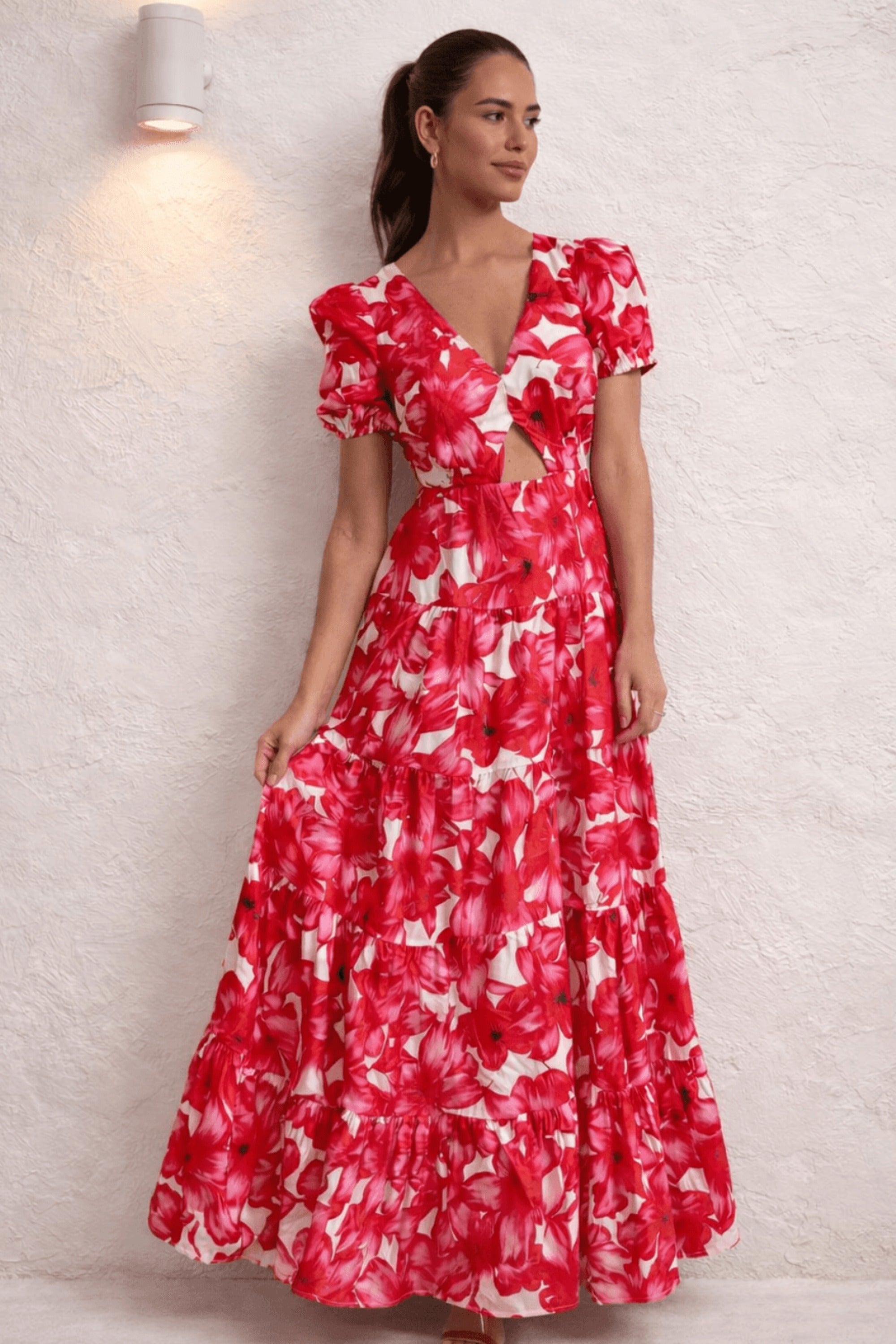 Zoe Tiered Cutout Maxi Dress / Red & White  Style Cheat