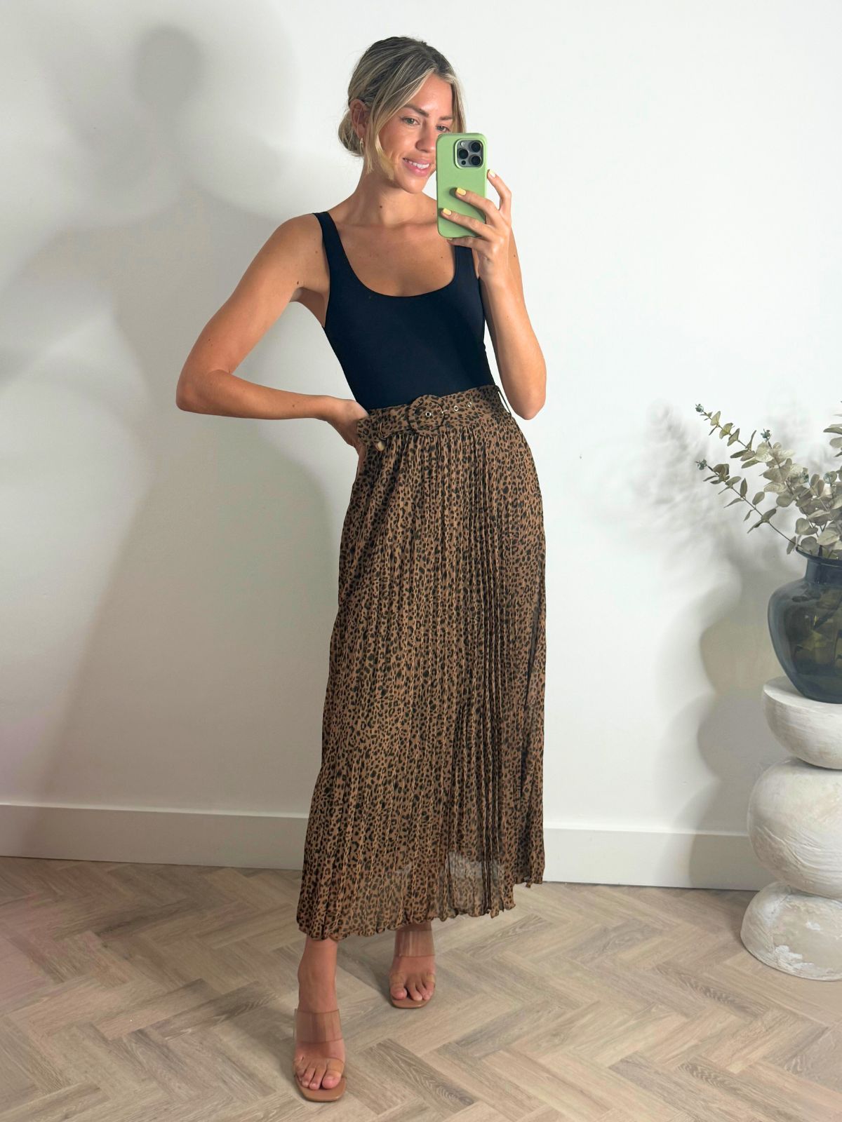 Demi Animal Pleated Belted Midi Skirt