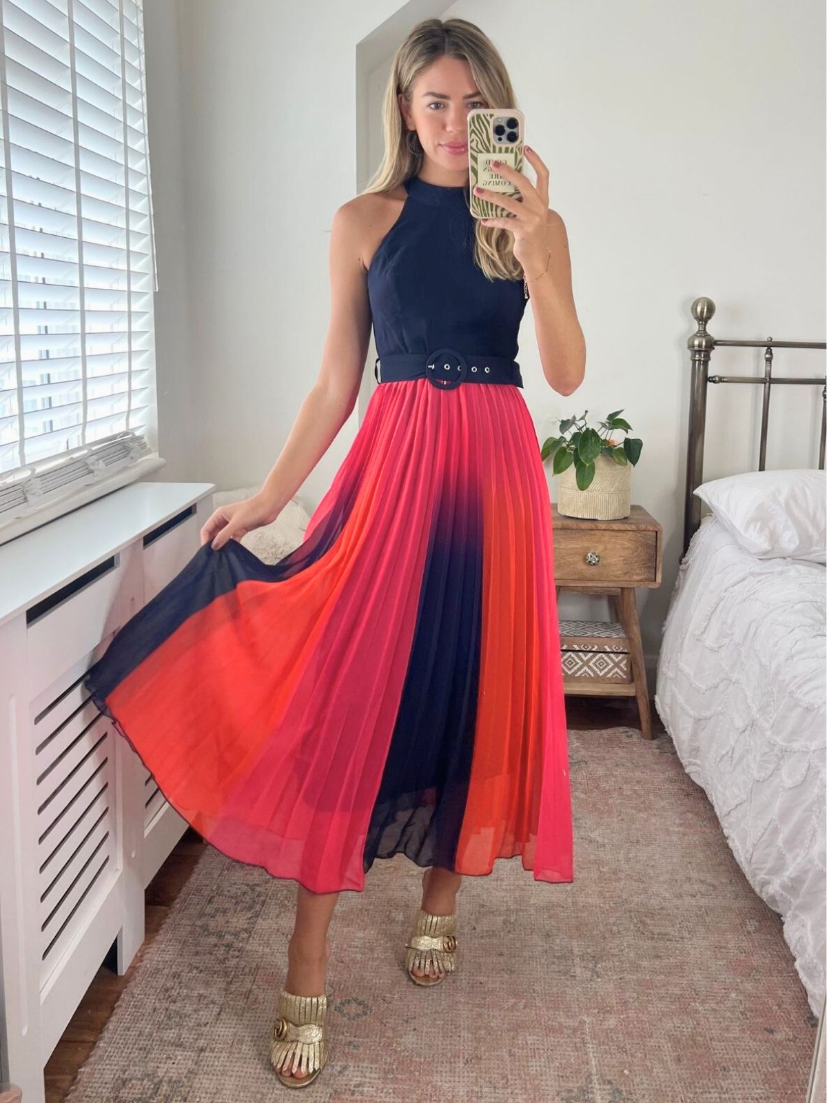 Luisa Belted Pleated Maxi Dress / Navy & Orange Ombre