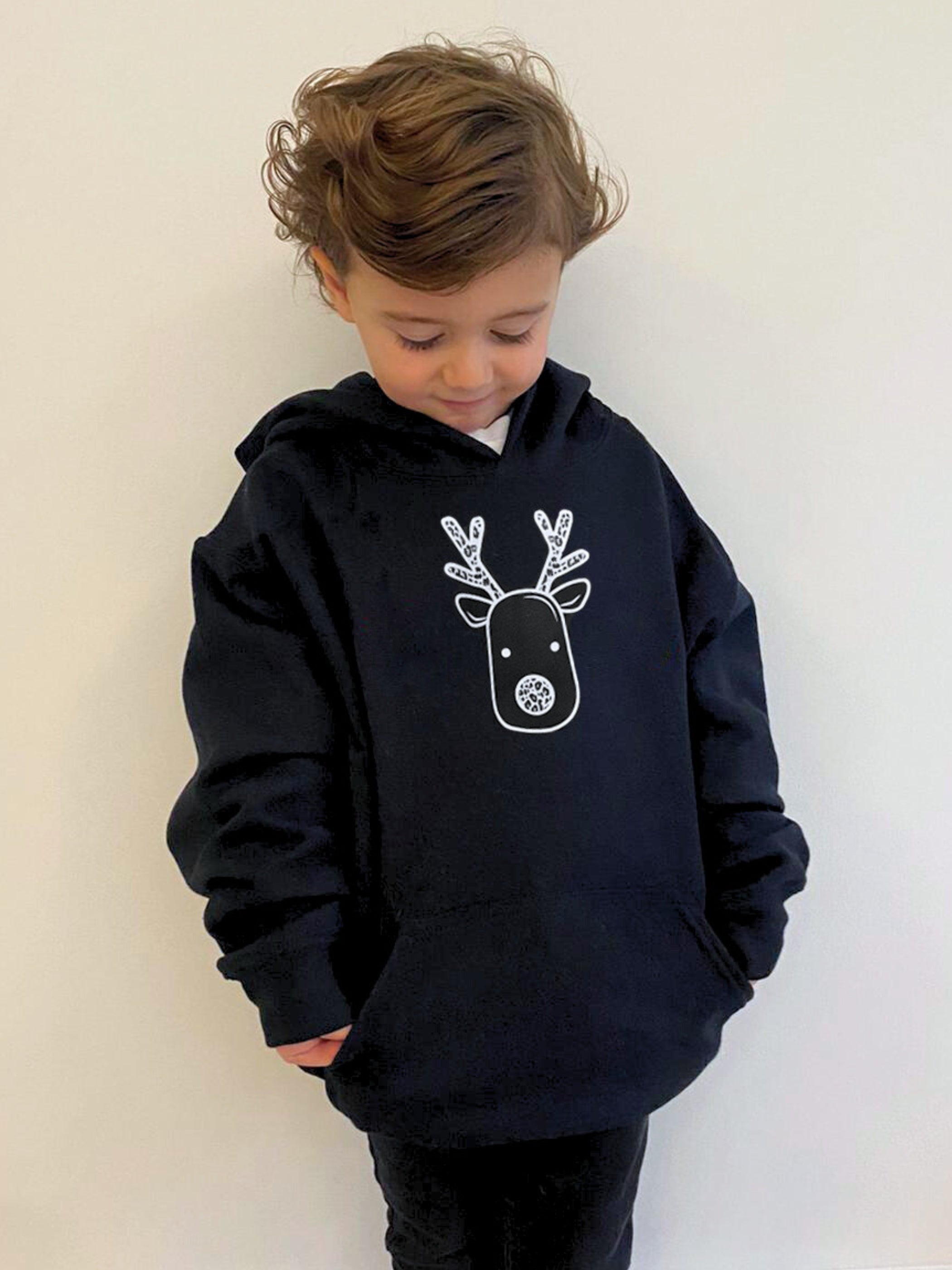 Childrens Christmas Black Reindeer Print Crew Neck Sweater