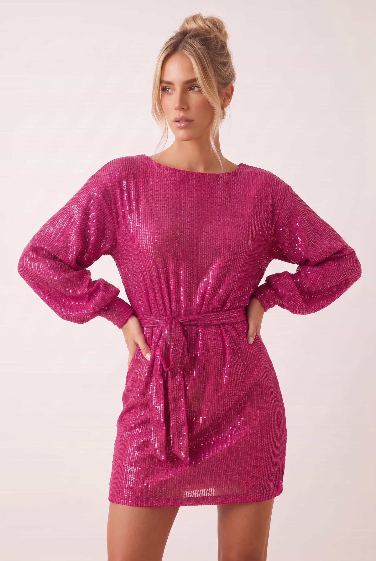 Skylar Balloon Sleeve Mini Dress / Hot Pink