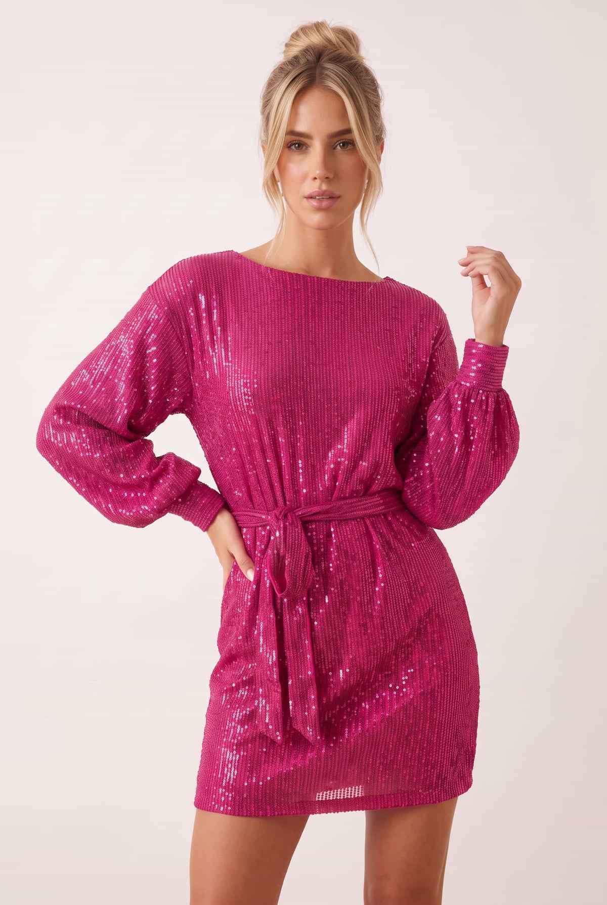Skylar Balloon Sleeve Mini Dress / Hot Pink