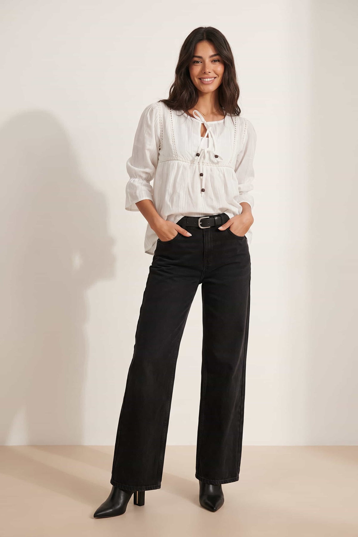 Tiered White Tie Textured Blouse