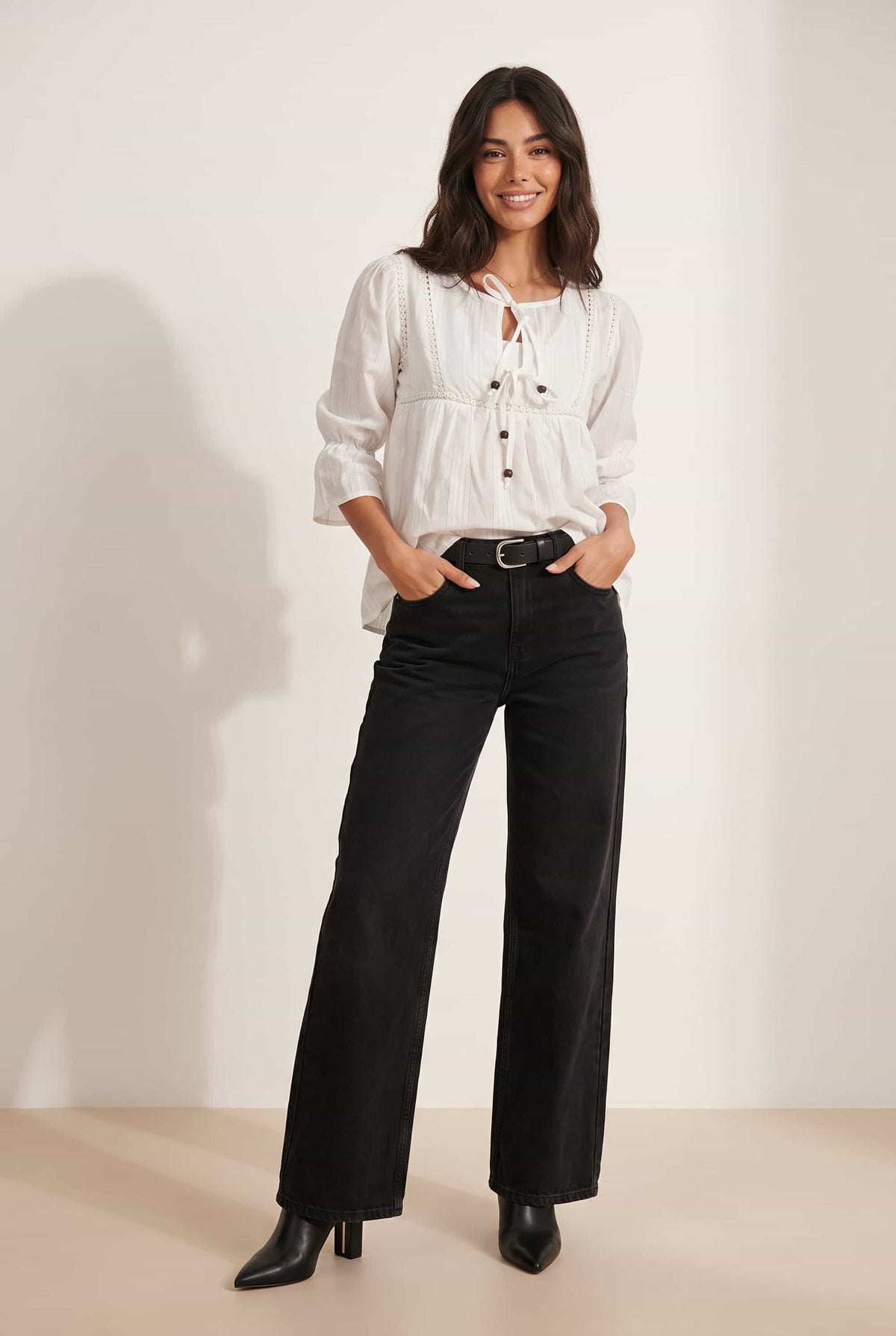 Tiered White Tie Textured Blouse