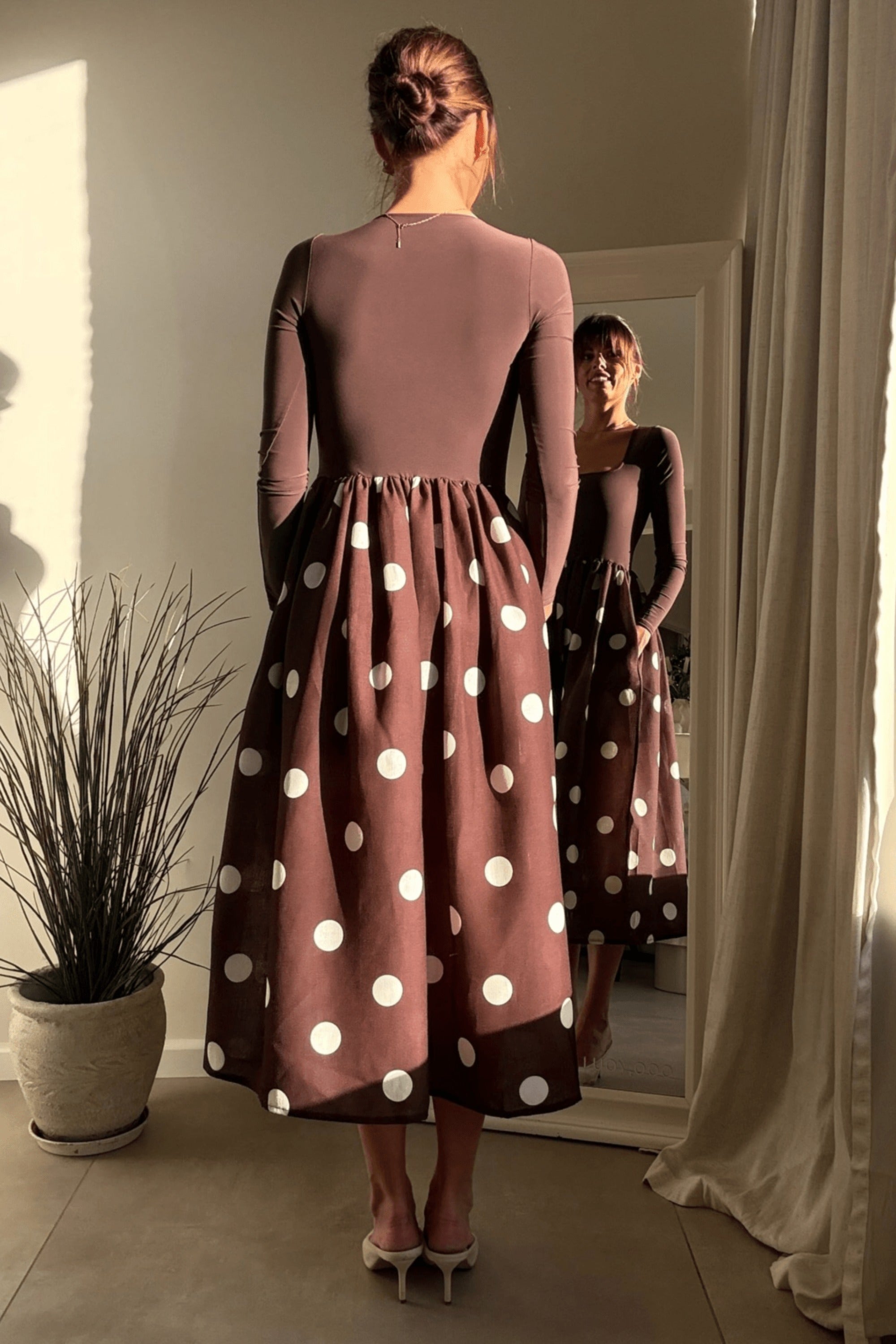 Sadie Chocolate Brown and Cream Polka Dot Long Sleeve Midi Dress - Style Cheat