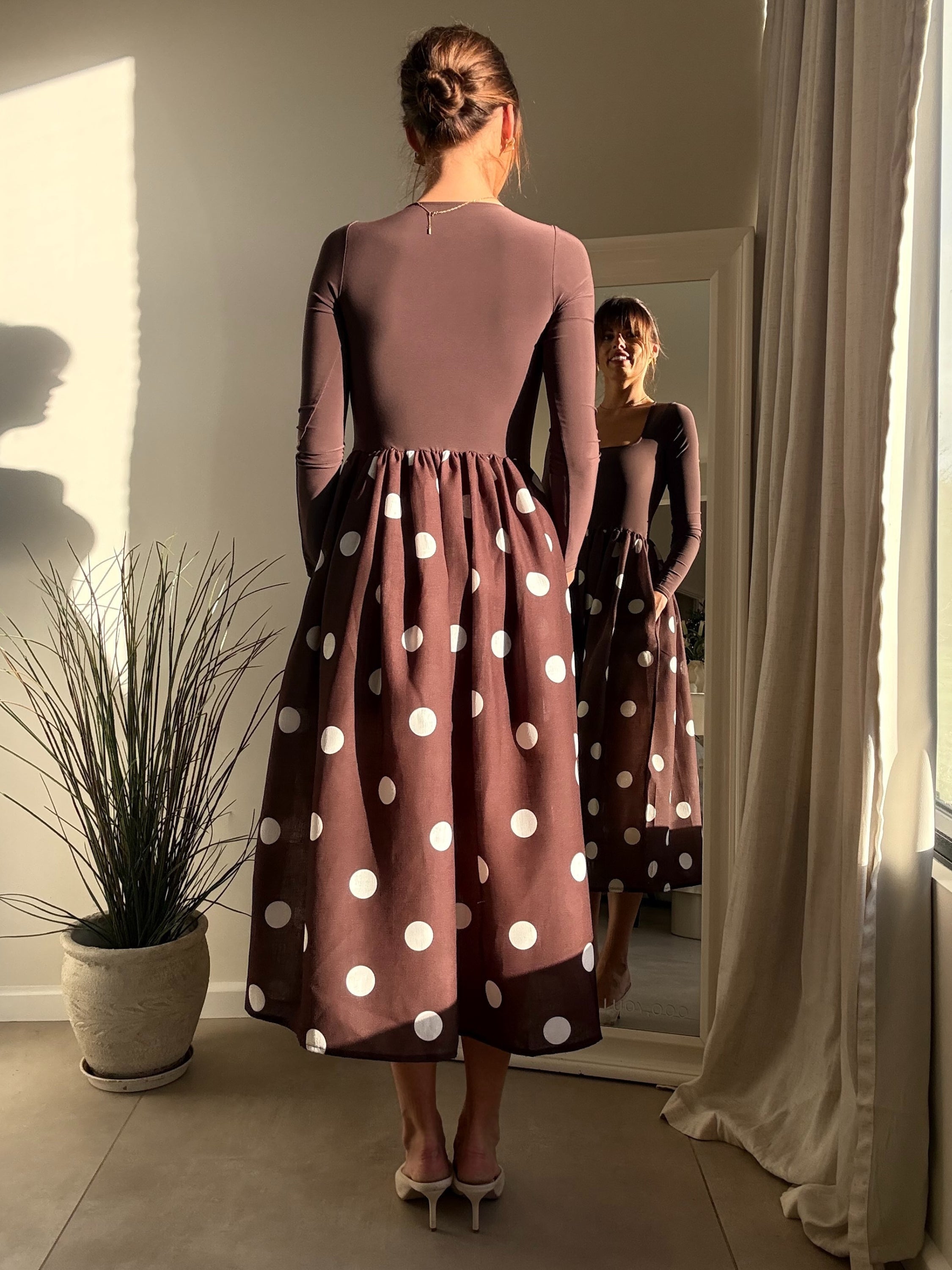 Sadie Chocolate Brown and Cream Polka Dot Long Sleeve Midi Dress