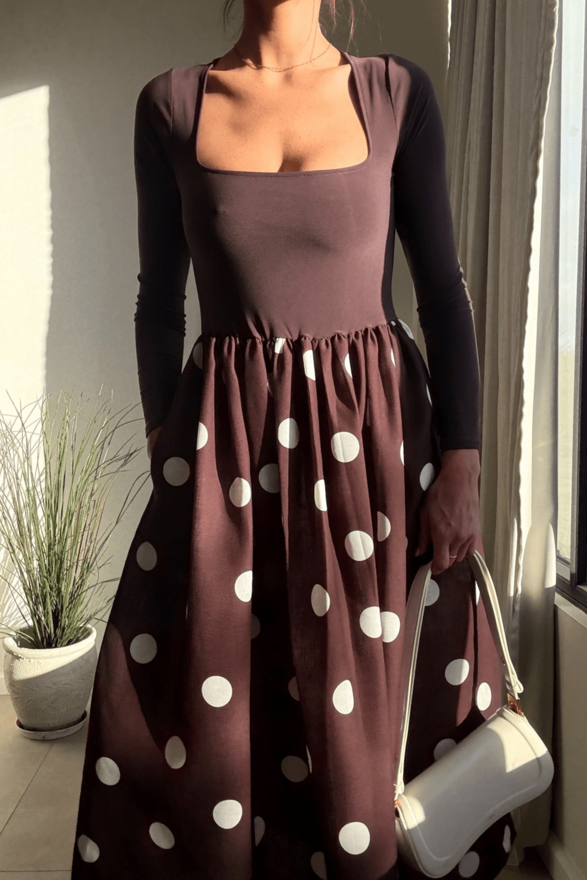 Sadie Chocolate Brown and Cream Polka Dot Long Sleeve Midi Dress - Style Cheat