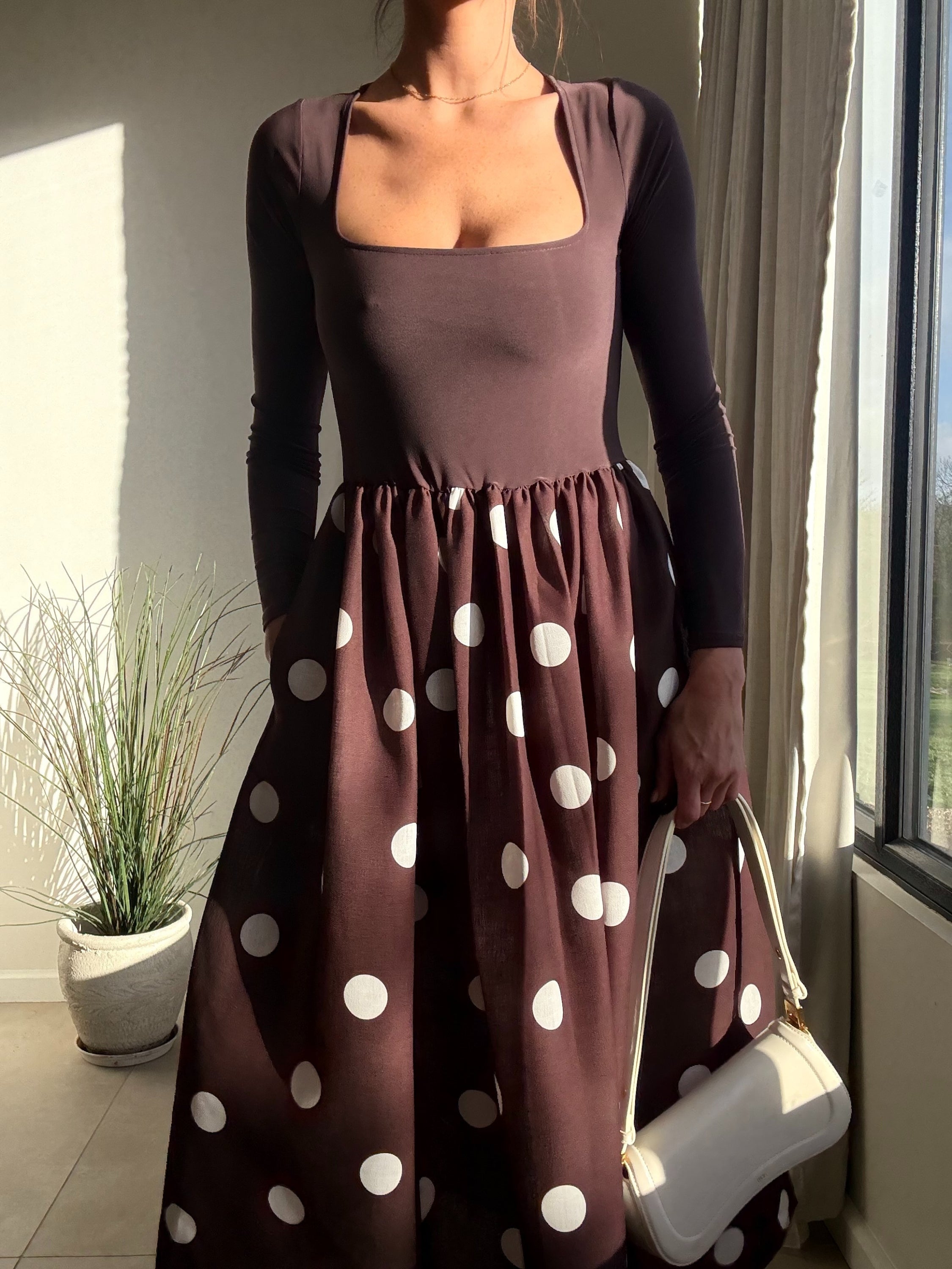 Sadie Chocolate Brown and Cream Polka Dot Long Sleeve Midi Dress