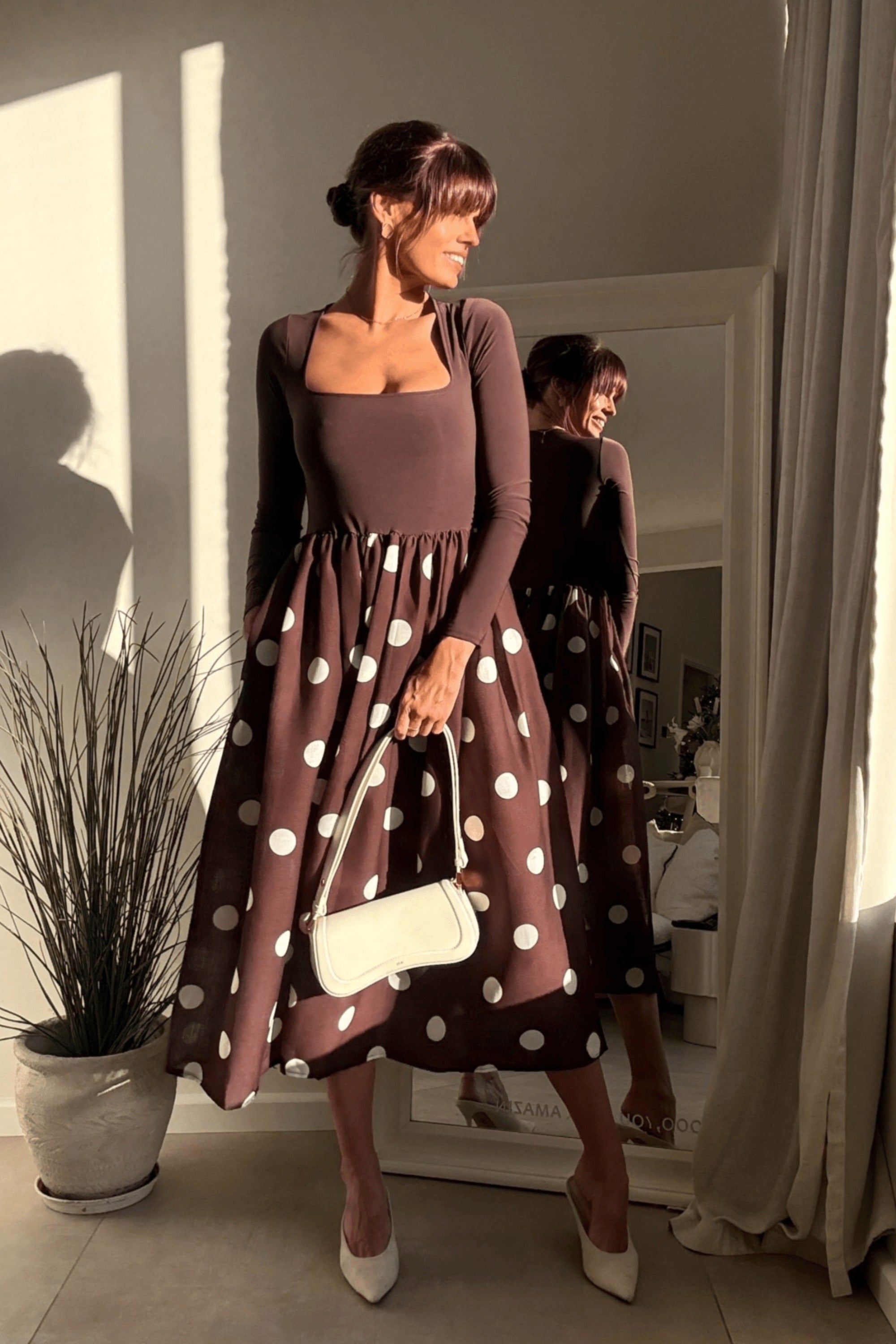 Sadie Chocolate Brown and Cream Polka Dot Long Sleeve Midi Dress - Style Cheat