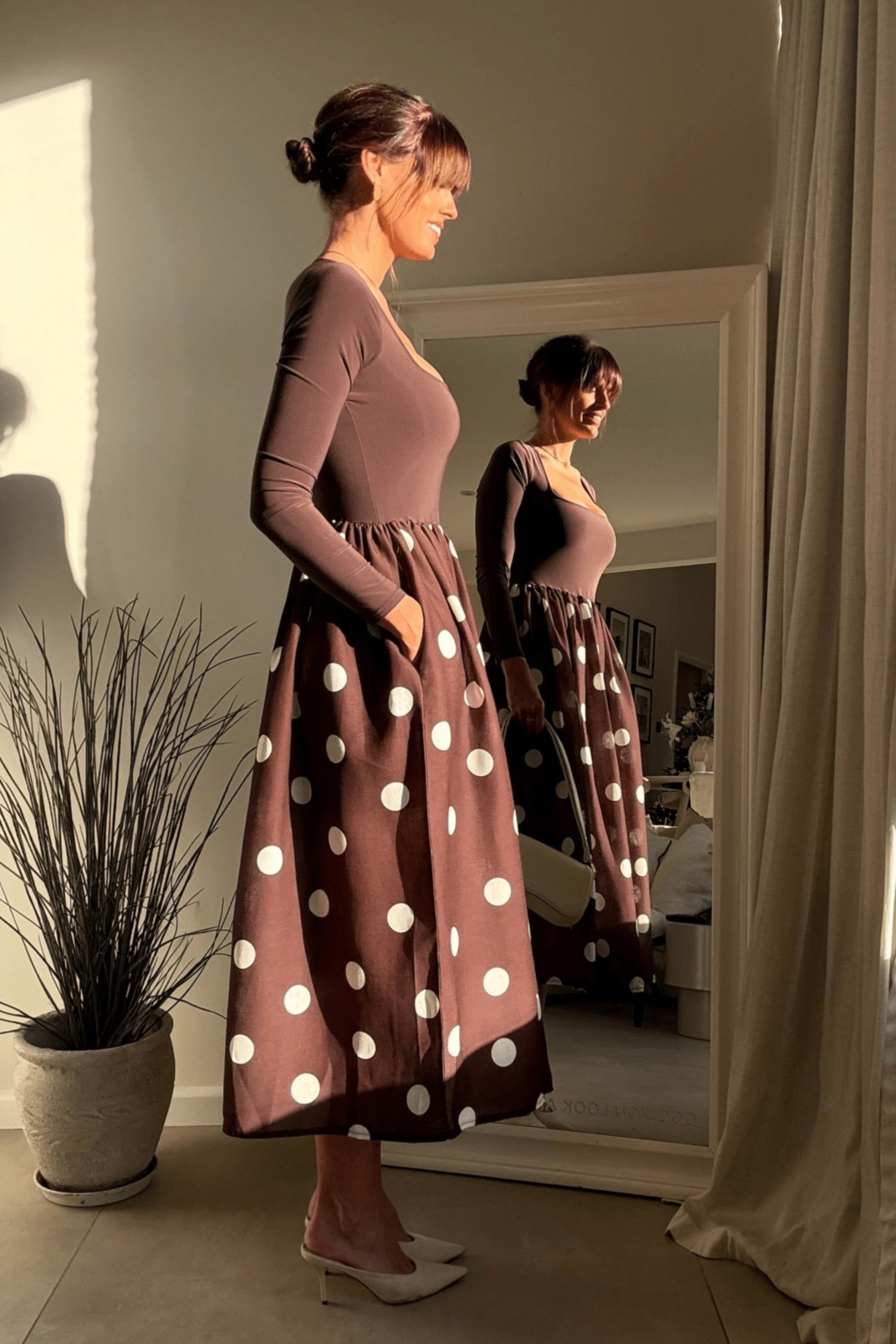 Sadie Chocolate Brown and Cream Polka Dot Long Sleeve Midi Dress - Style Cheat