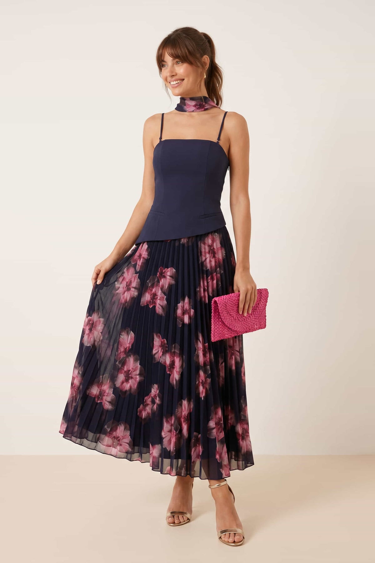 Viola Scarf Bandeau Pleat Dress in Navy