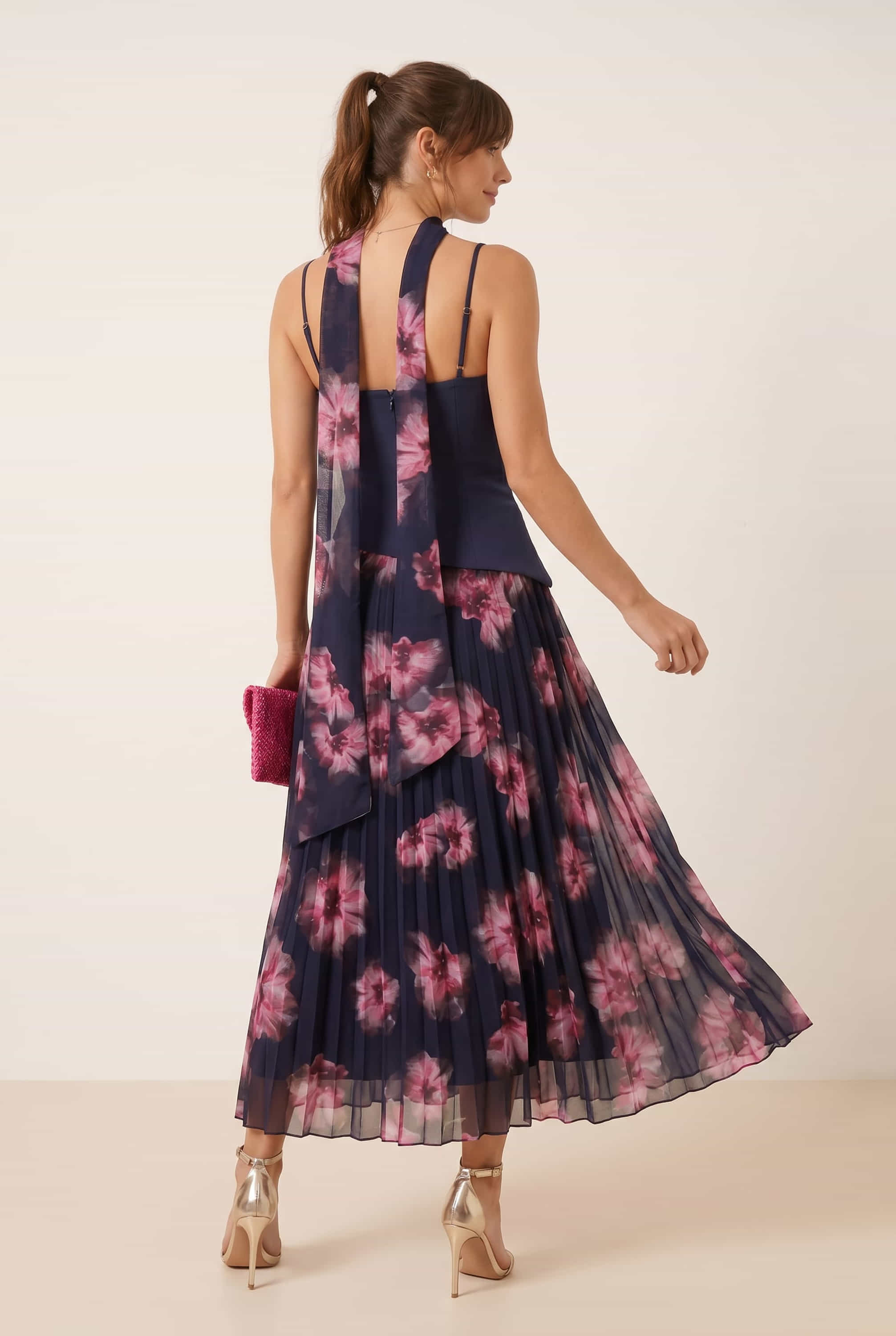 Viola Scarf Bandeau Pleat Dress in Navy
