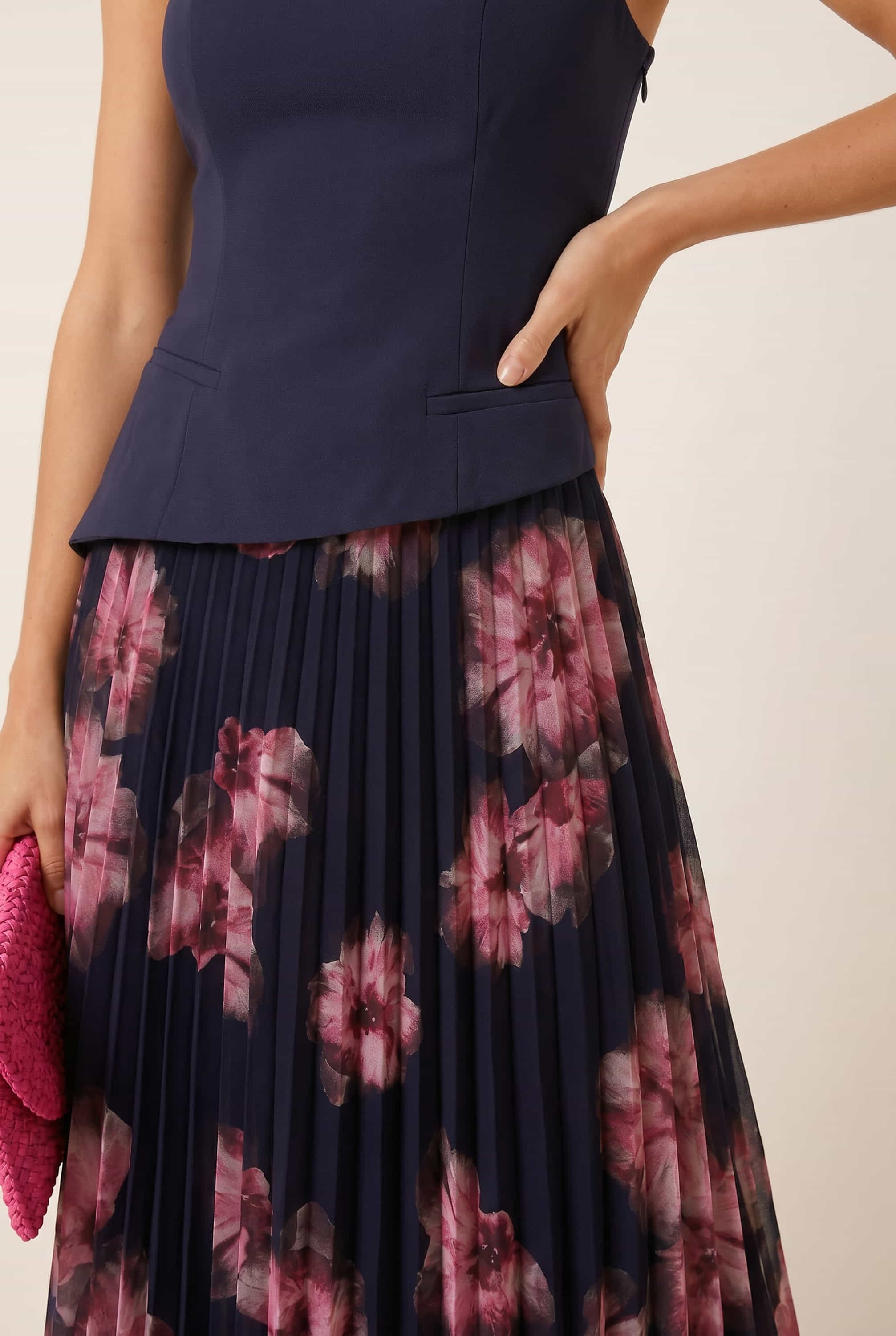 Viola Scarf Bandeau Pleat Dress in Navy