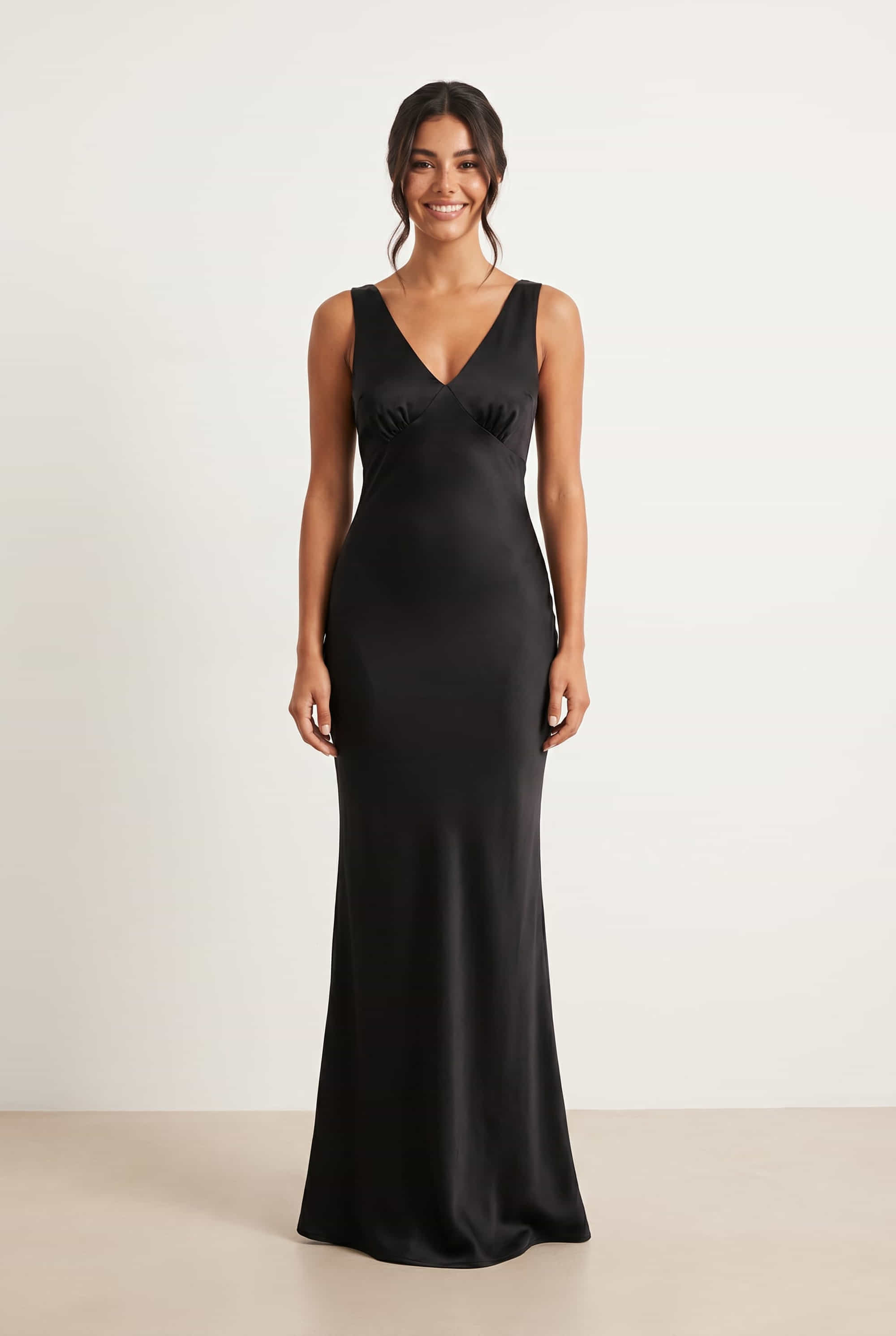V Neck Satin Maxi Dress / Black