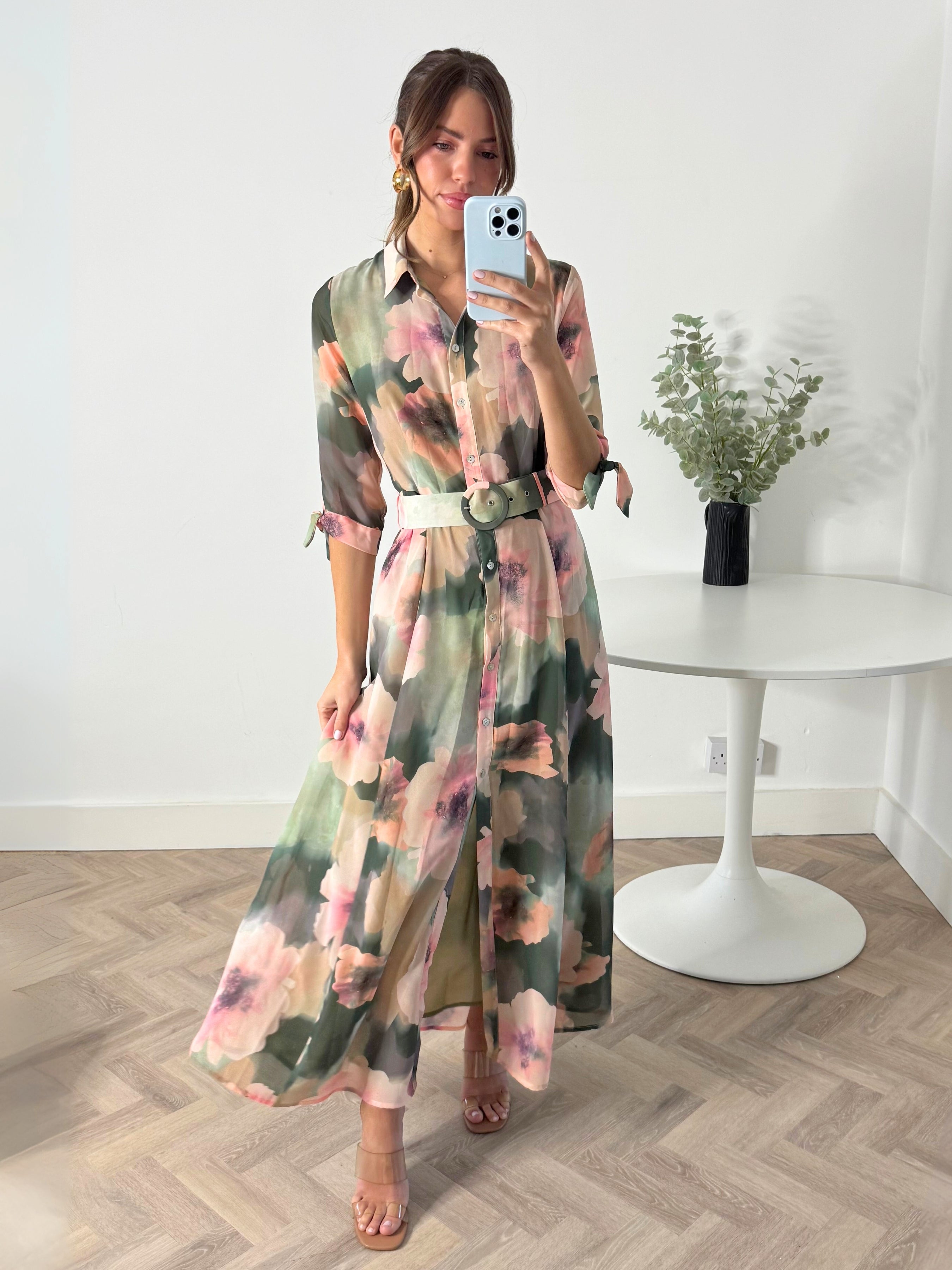 Daphne Belted Shirt Dress / Green & Pink