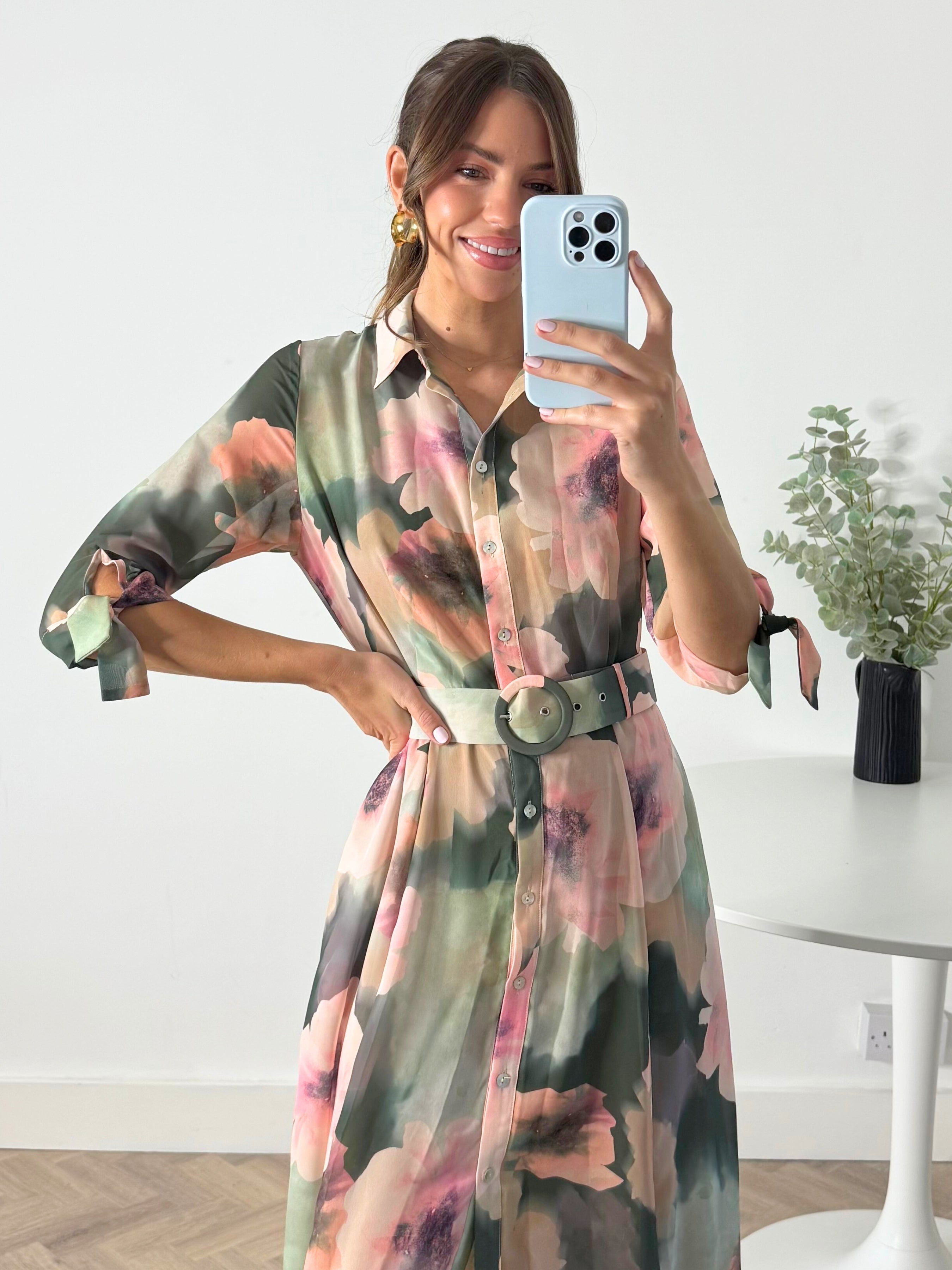 Daphne Belted Shirt Dress / Green & Pink