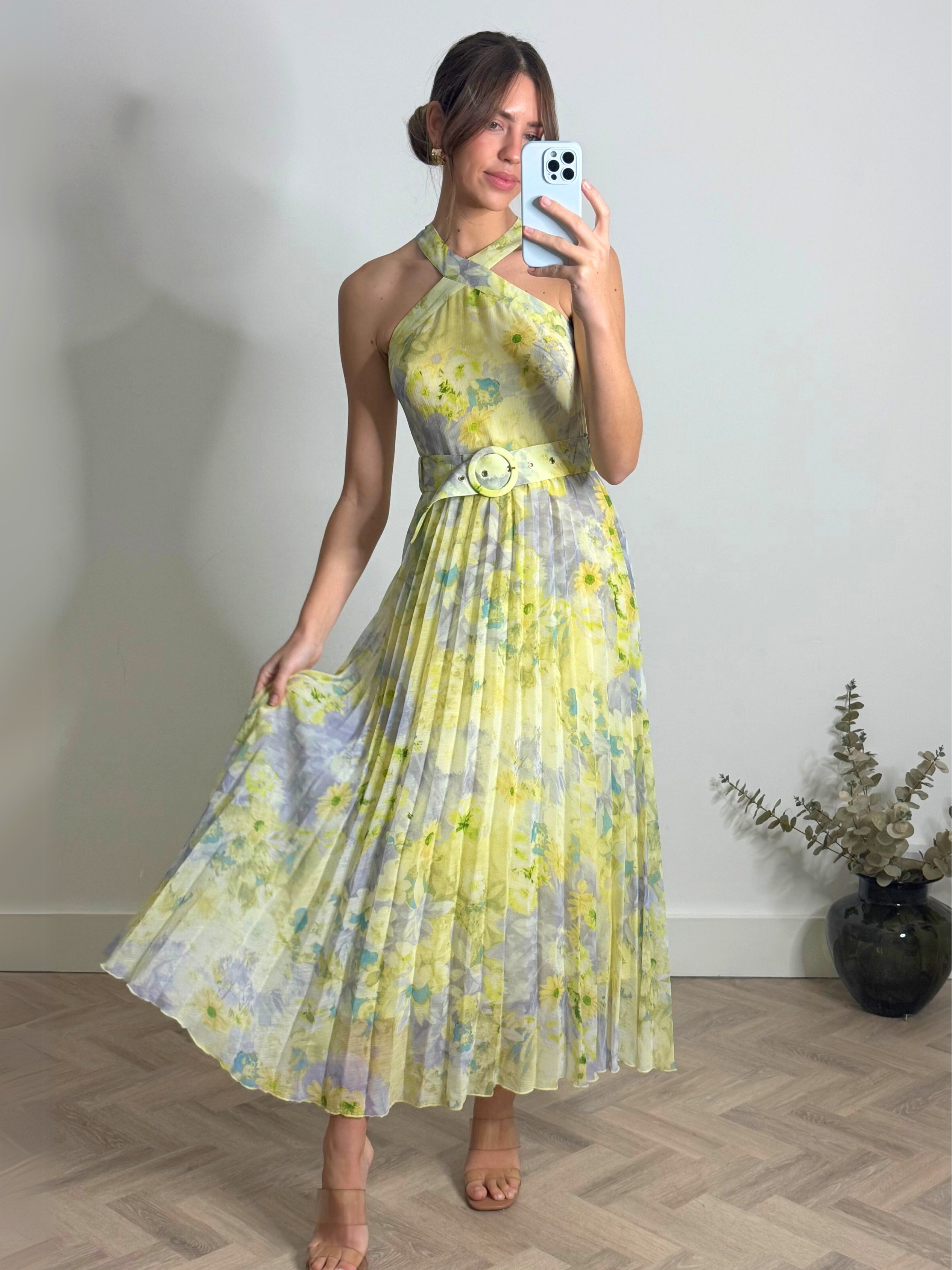 Paige Halter Pleated Belted Dress / Lemon Floral