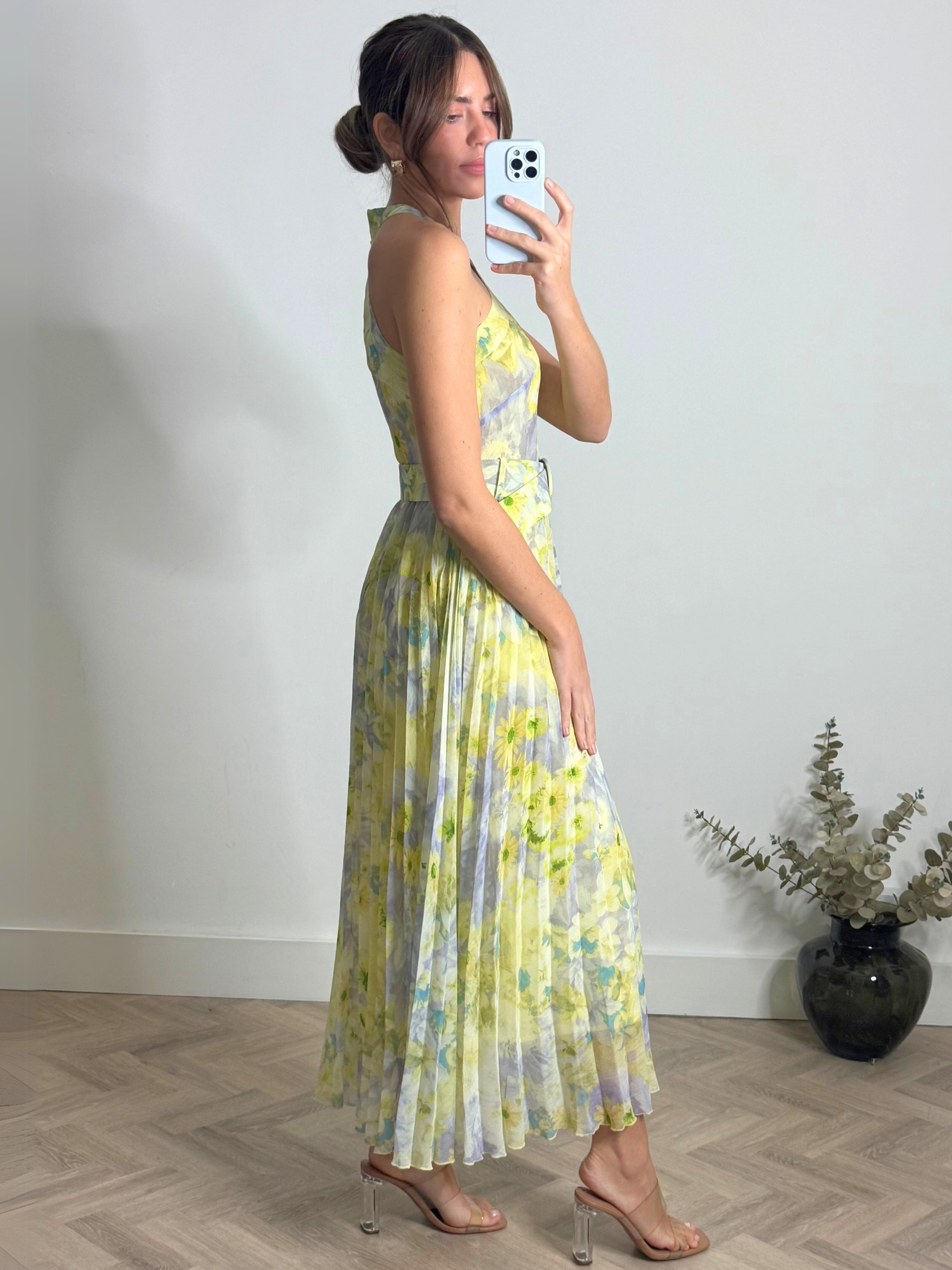 Paige Halter Pleated Belted Dress / Lemon Floral