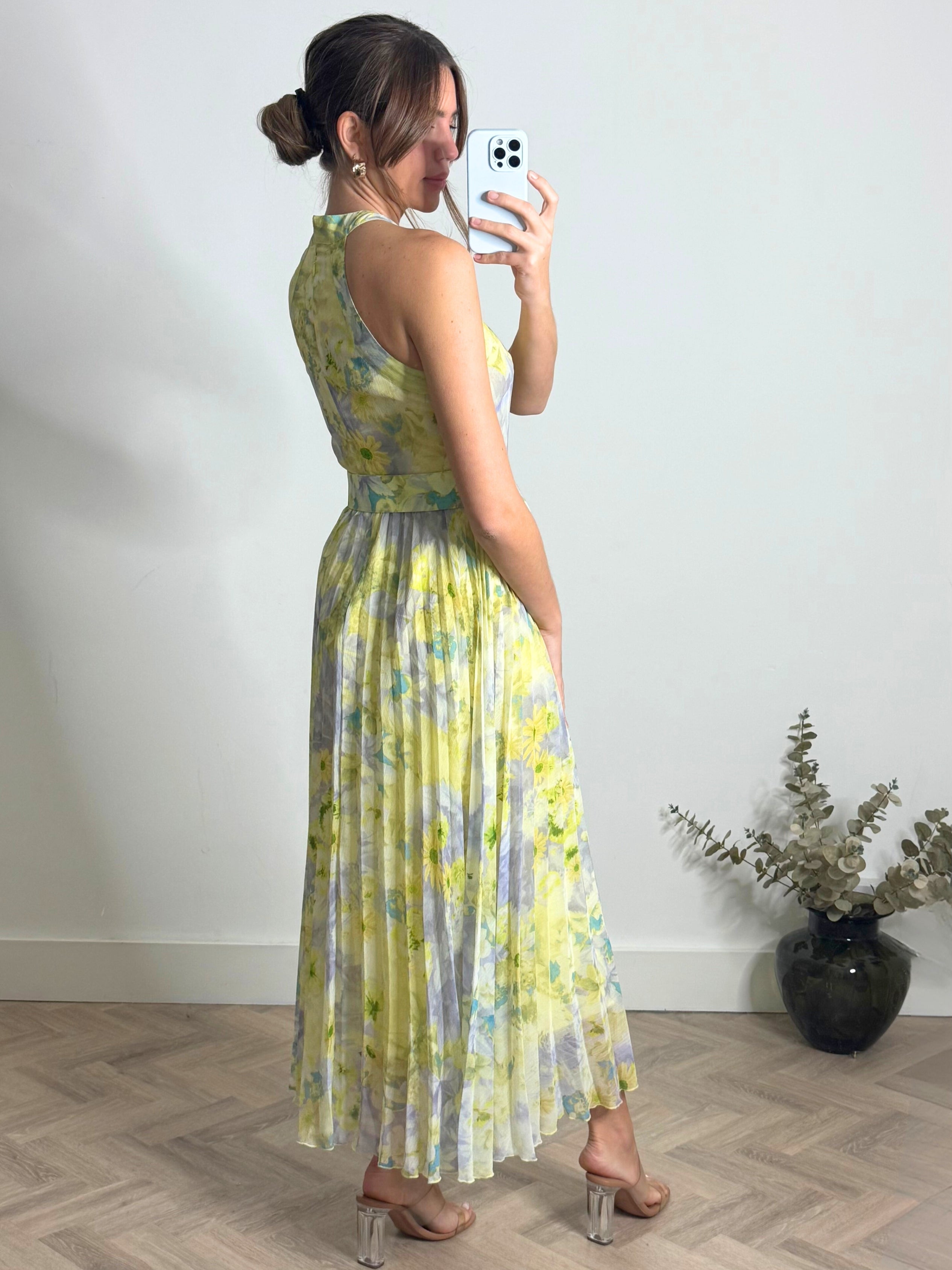 Paige Halter Pleated Belted Dress / Lemon Floral