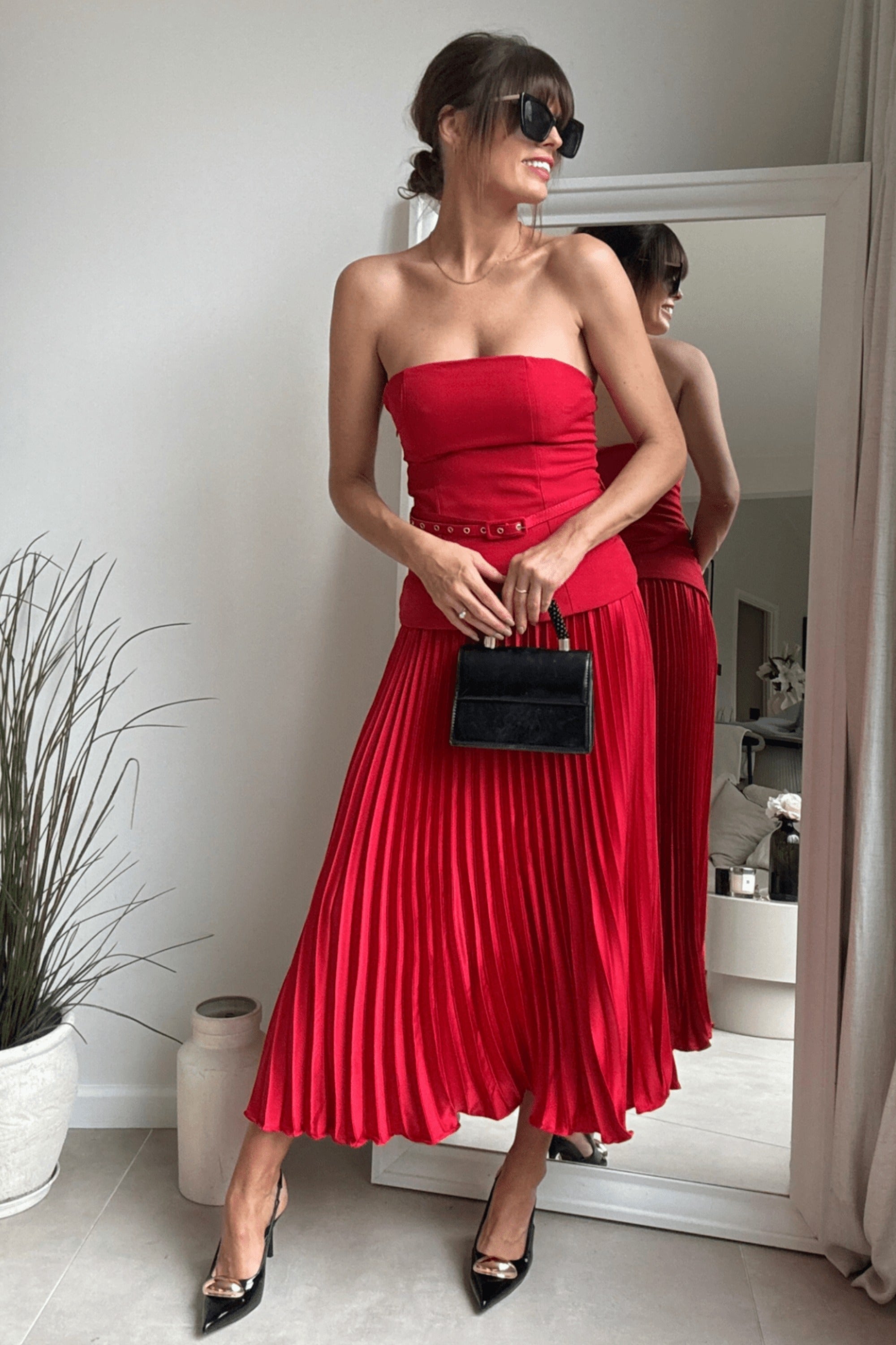 Anna Bandeau Pleat Dress in Red - Style Cheat