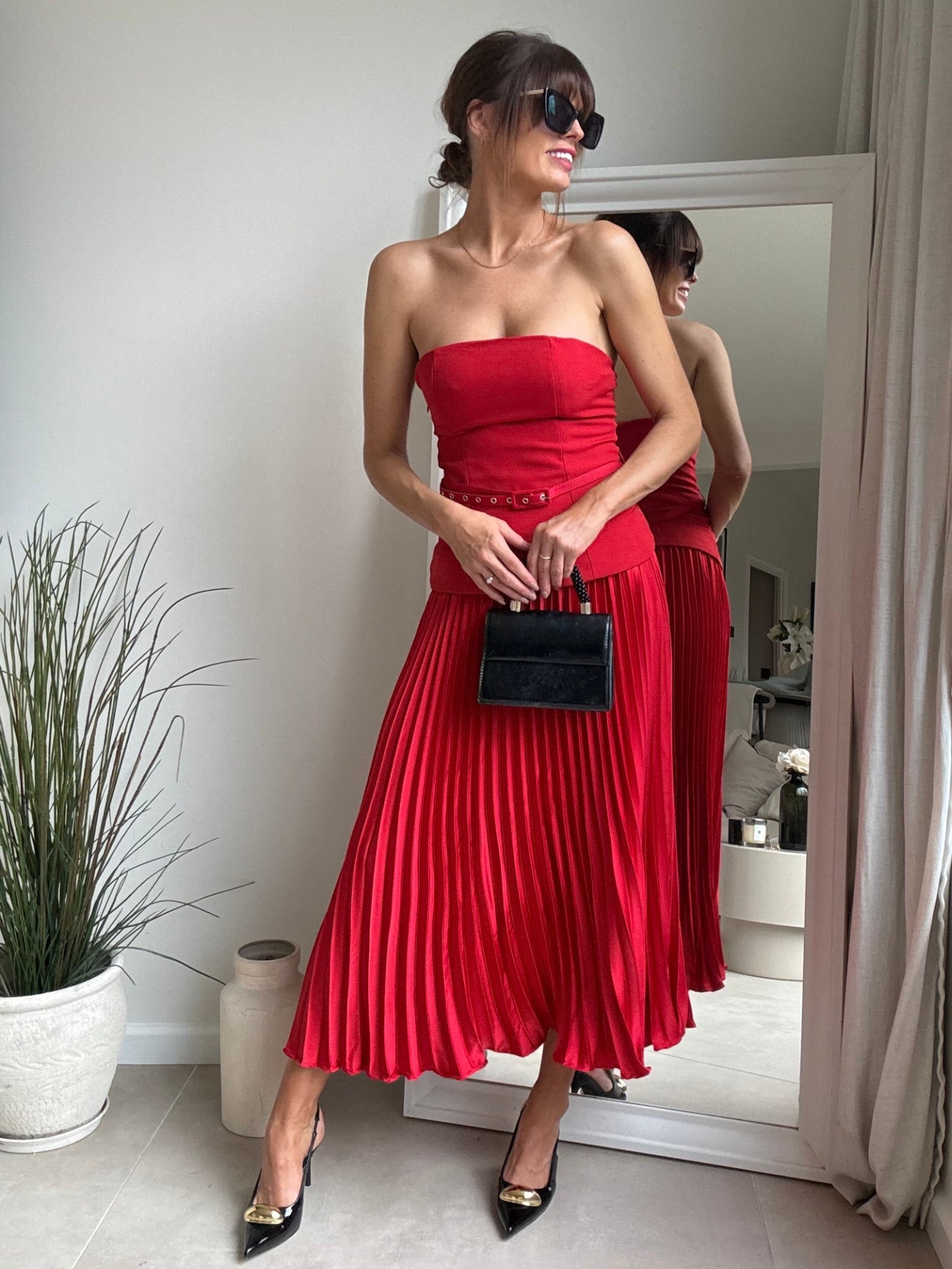 Anna Bandeau Pleat Dress in Red