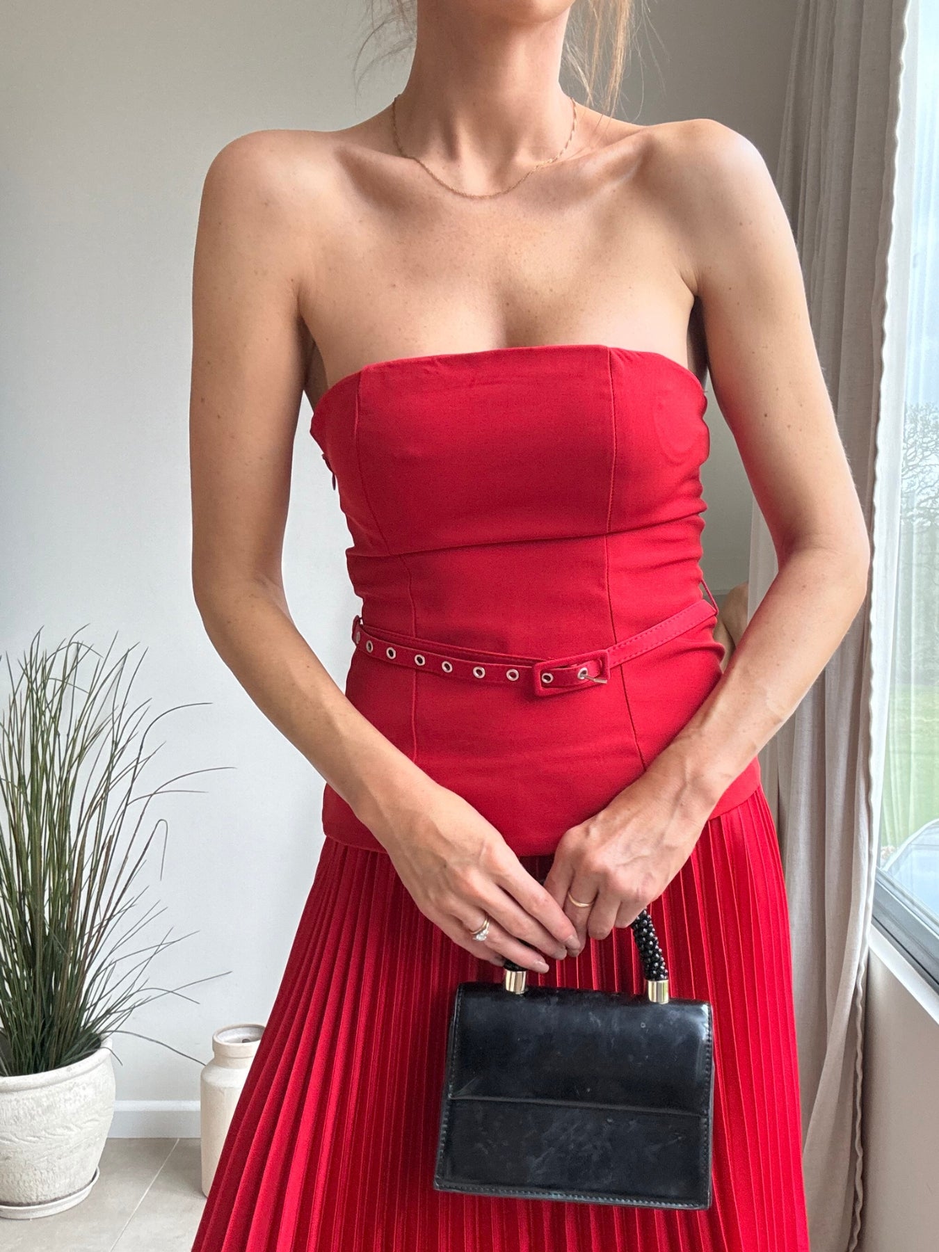 Anna Bandeau Pleat Dress in Red