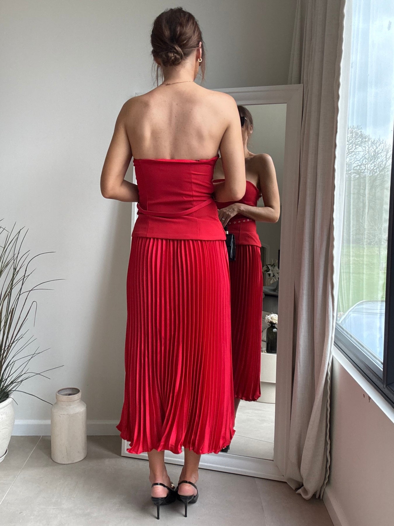 Anna Bandeau Pleat Dress in Red