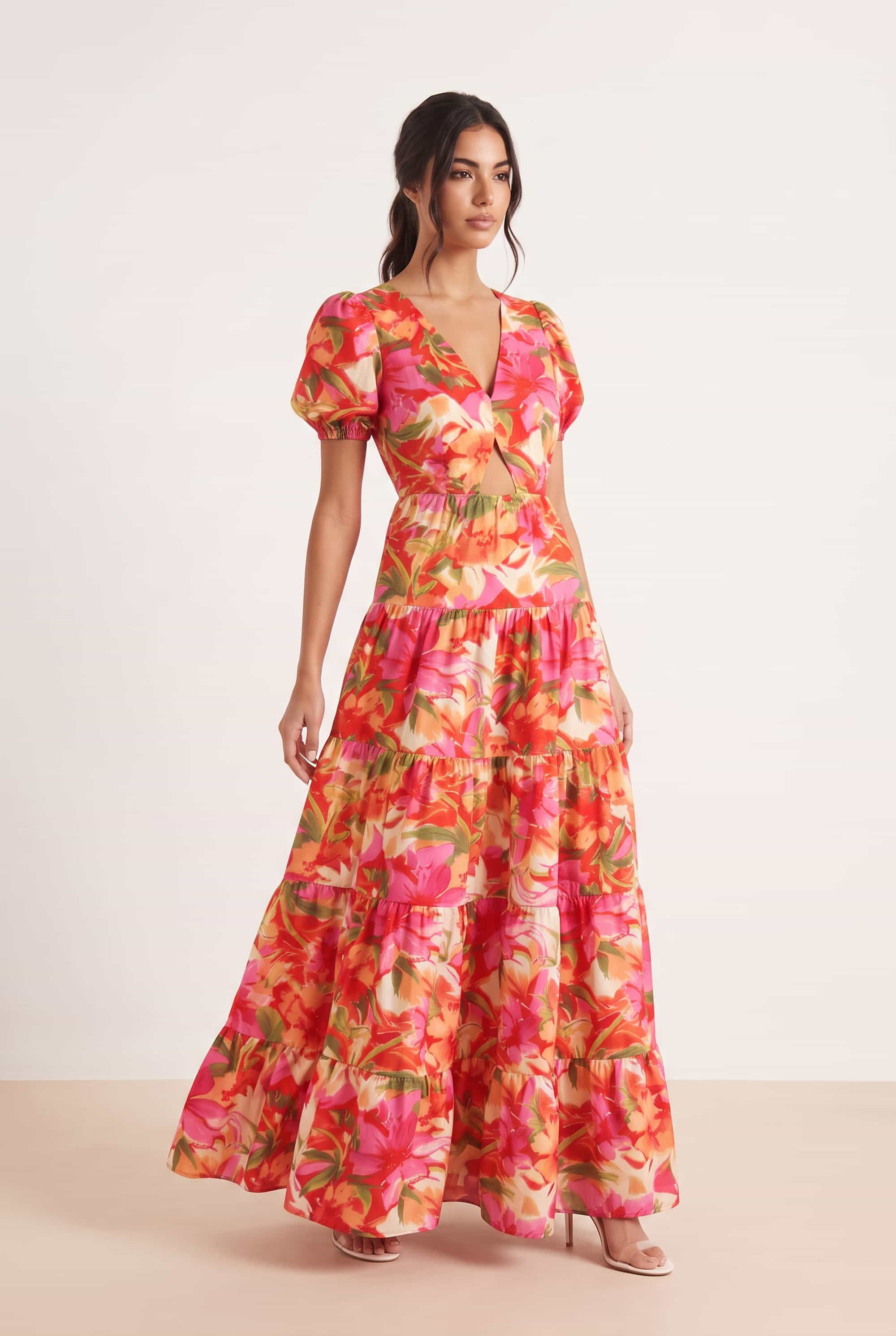 Zoe Tiered Cutout Maxi Dress / Tropical Print