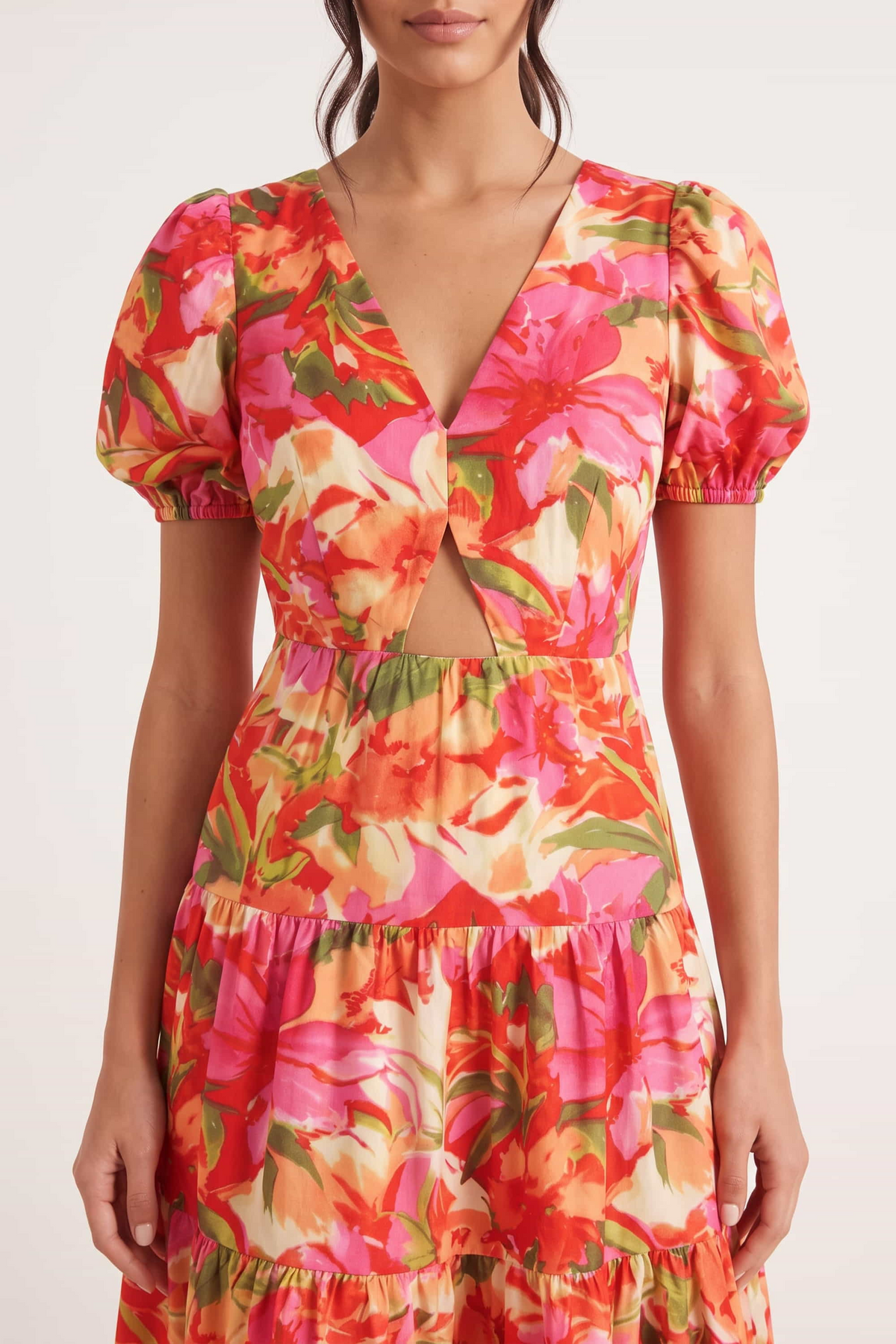 Zoe Tiered Cutout Maxi Dress / Tropical Print