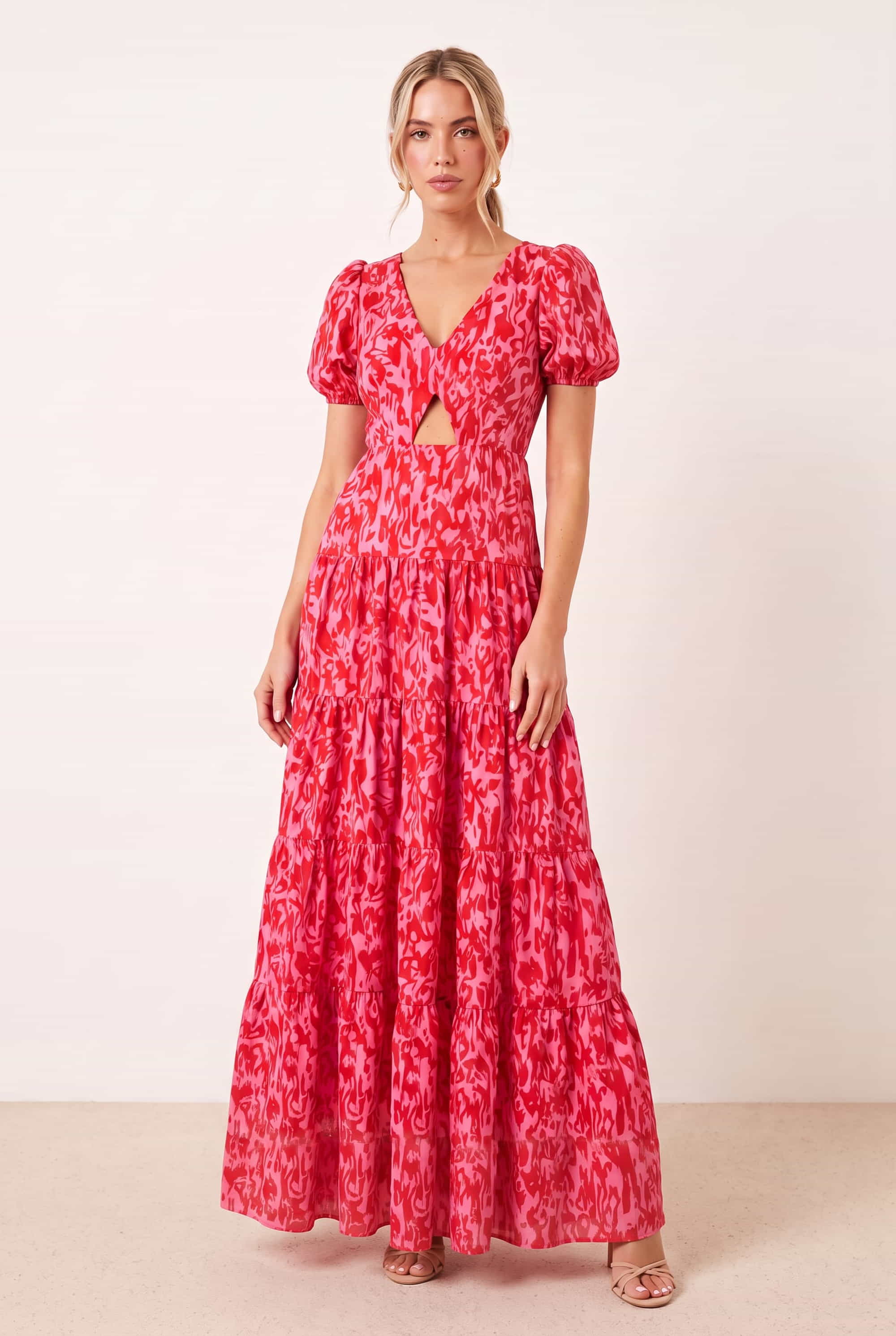 Zoe Tiered Cutout Maxi Dress / Pink Animal