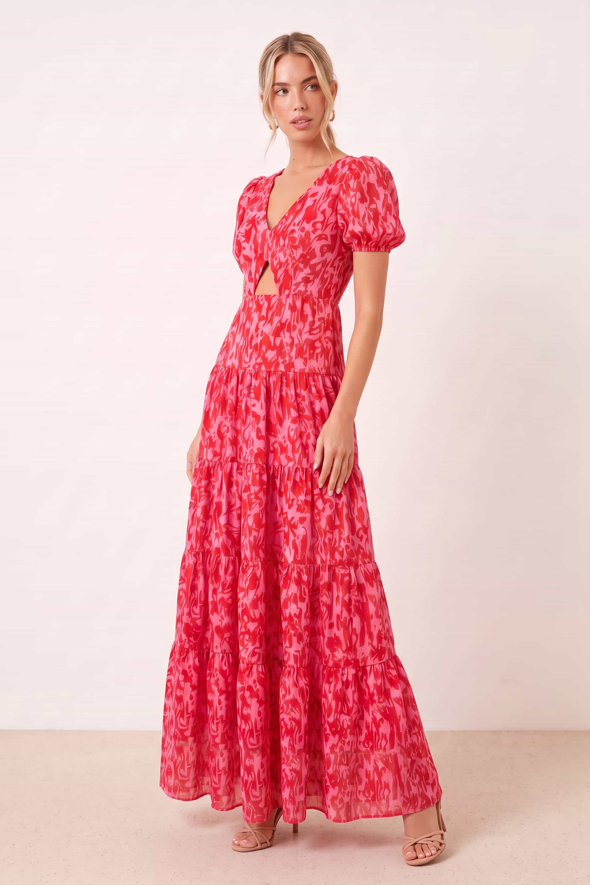 Zoe Tiered Cutout Maxi Dress / Pink Animal