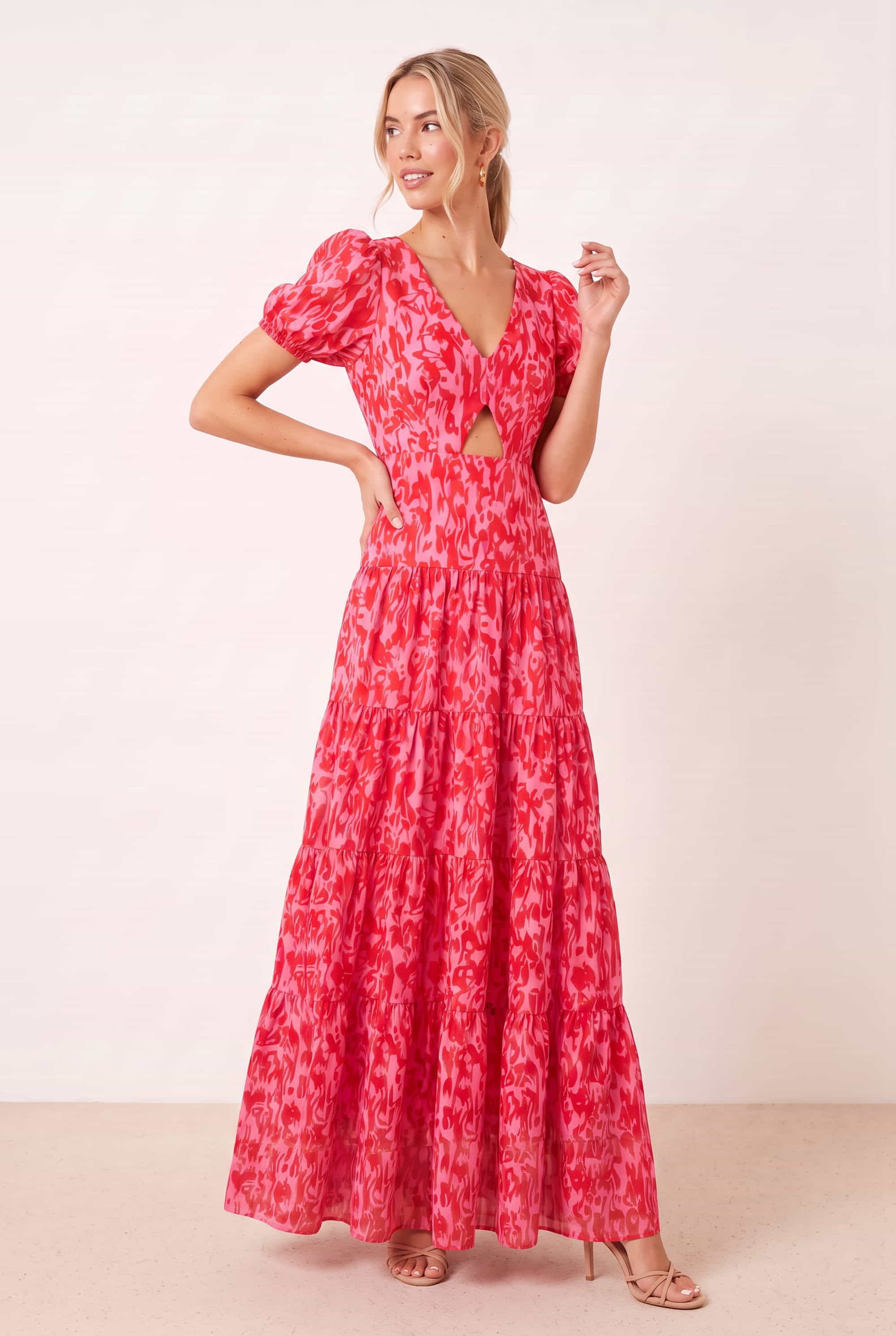 Zoe Tiered Cutout Maxi Dress / Pink Animal