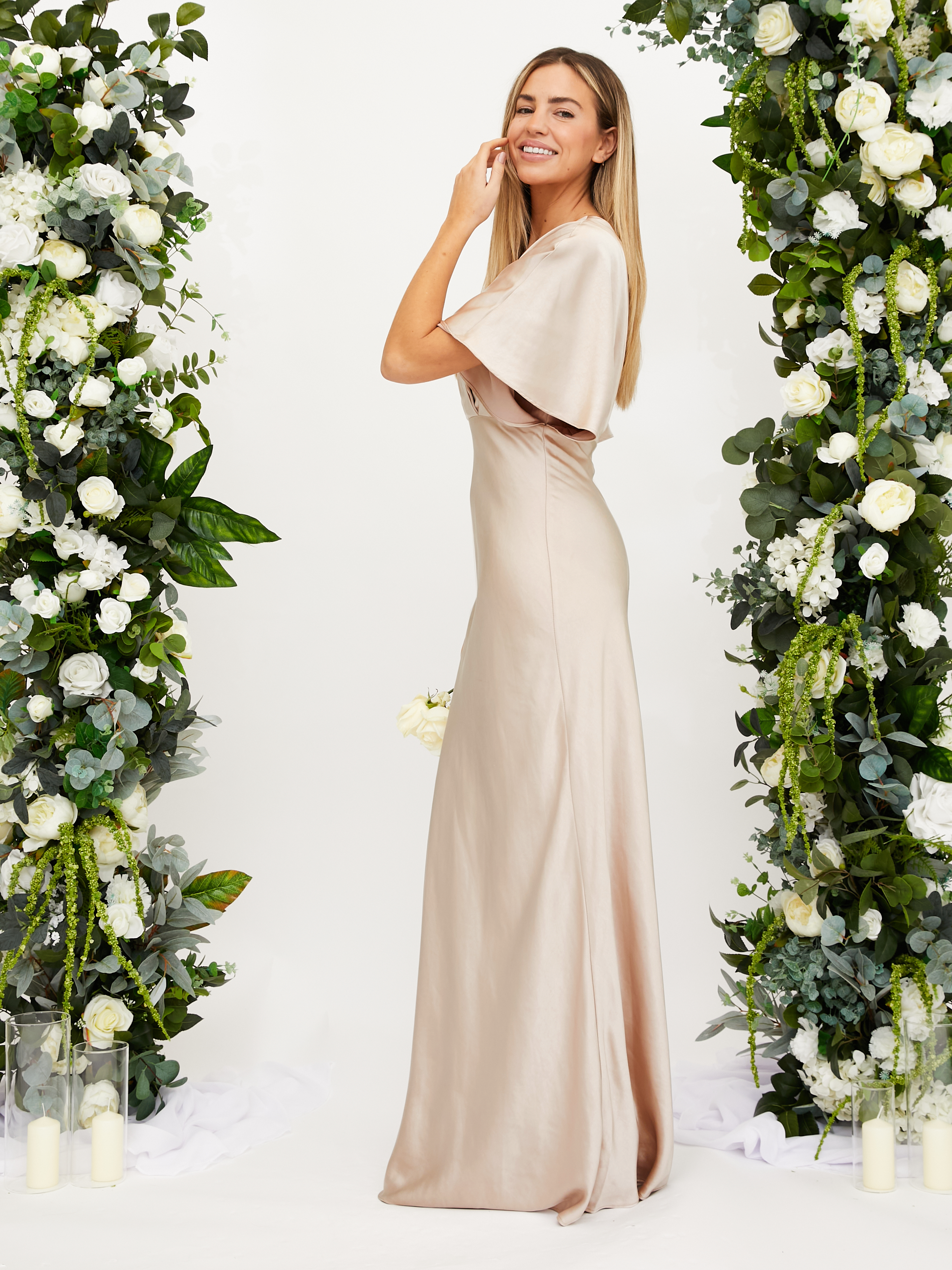 Champagne Satin Bridesmaid Dress  Angel Sleeve Maxi Dress – Style
