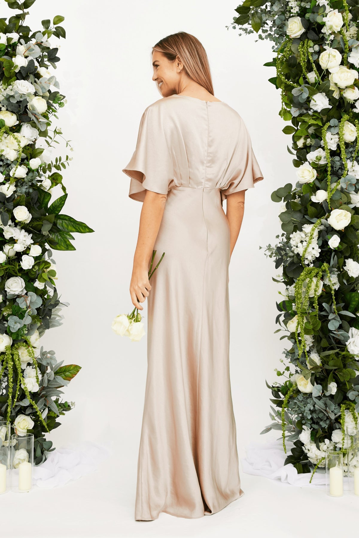 Angel Sleeve Maxi Satin Dress / Champagne
