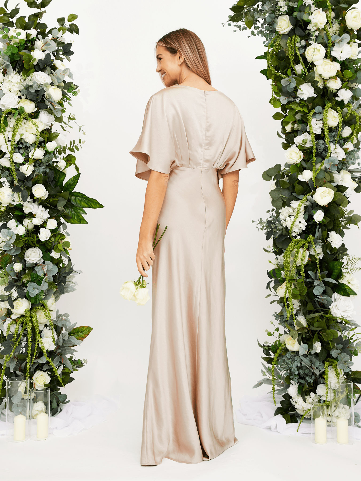 Champagne Satin Bridesmaid Dress | Angel Sleeve Maxi Dress – Style Cheat