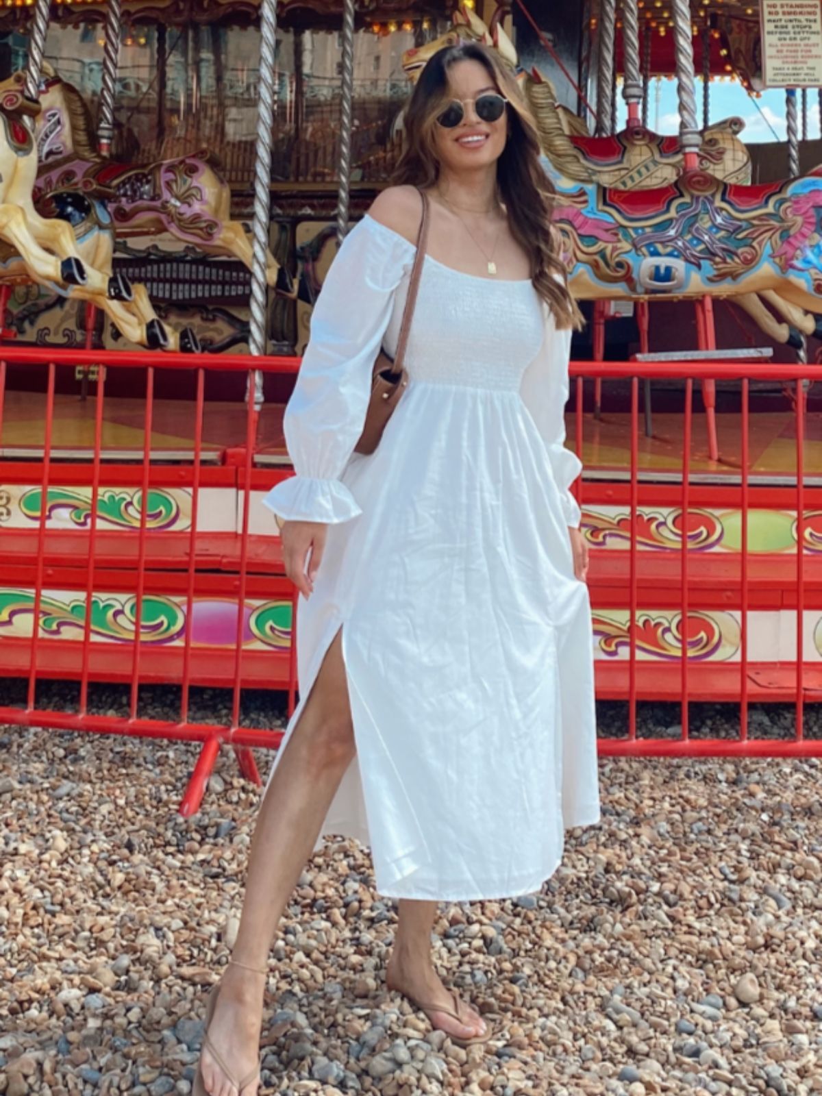 Chloe Shirred Long Sleeve Midi Dress / White