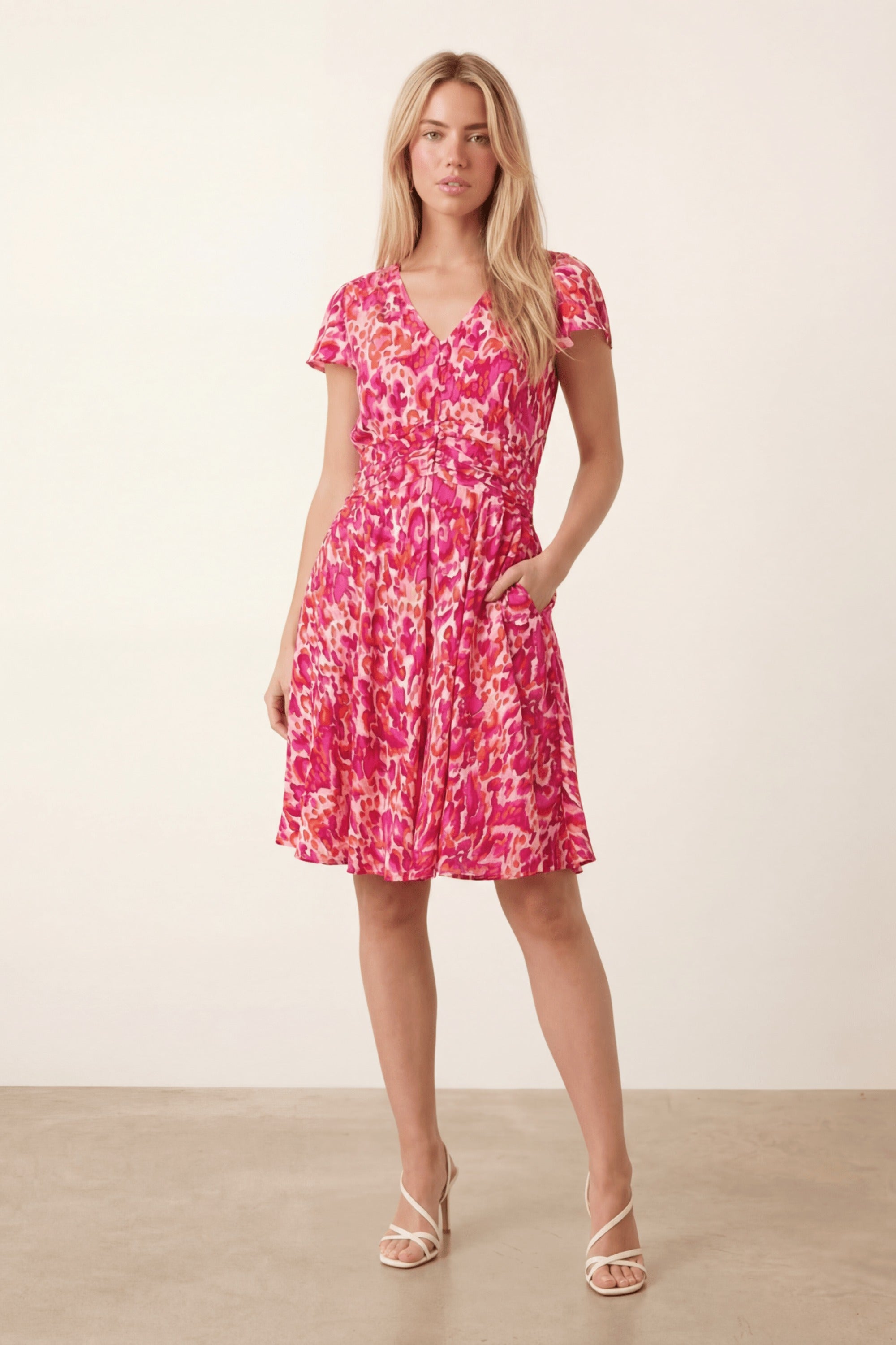 Pink flute sleeve Mini Dress with pockets - Style Cheat