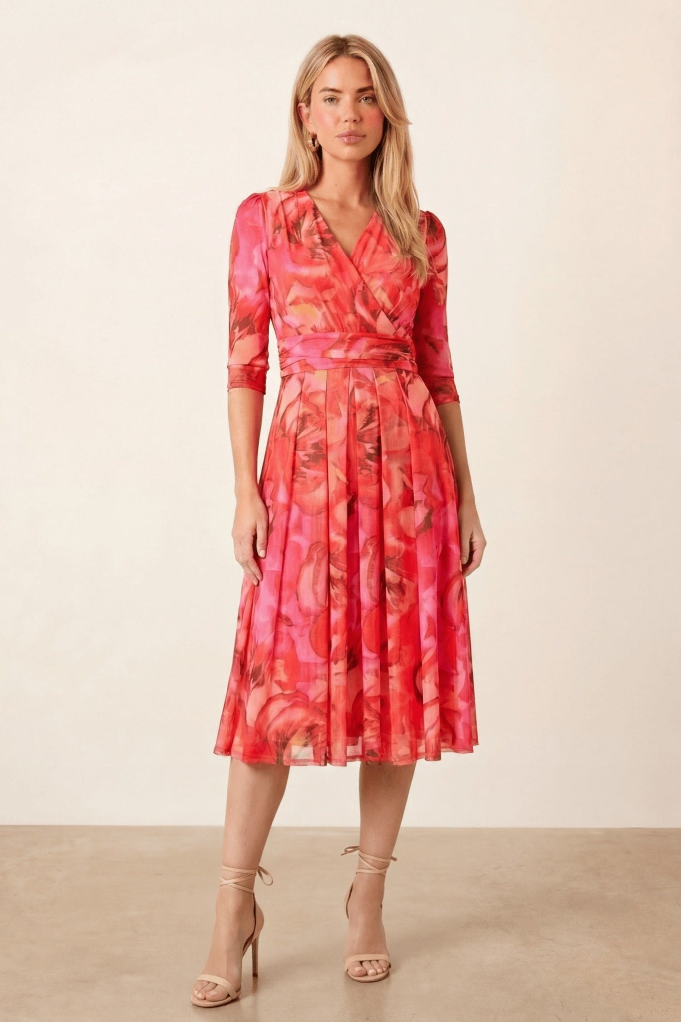 Printed Long sleeve Pink Mesh Wrap Midi Dress - Style Cheat