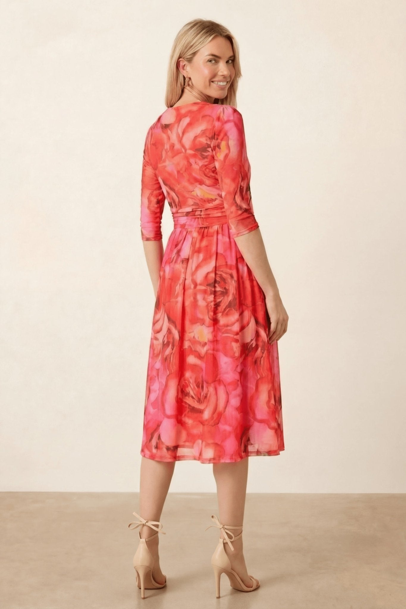 Printed Long sleeve Pink Mesh Wrap Midi Dress - Style Cheat