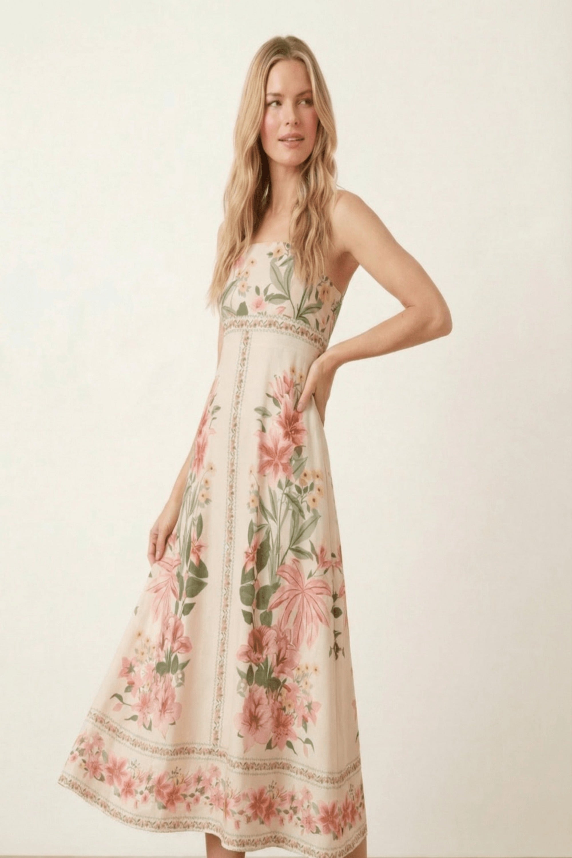 Strappy Scarf Print Floral Dress in Cream and Pink - Style Cheat