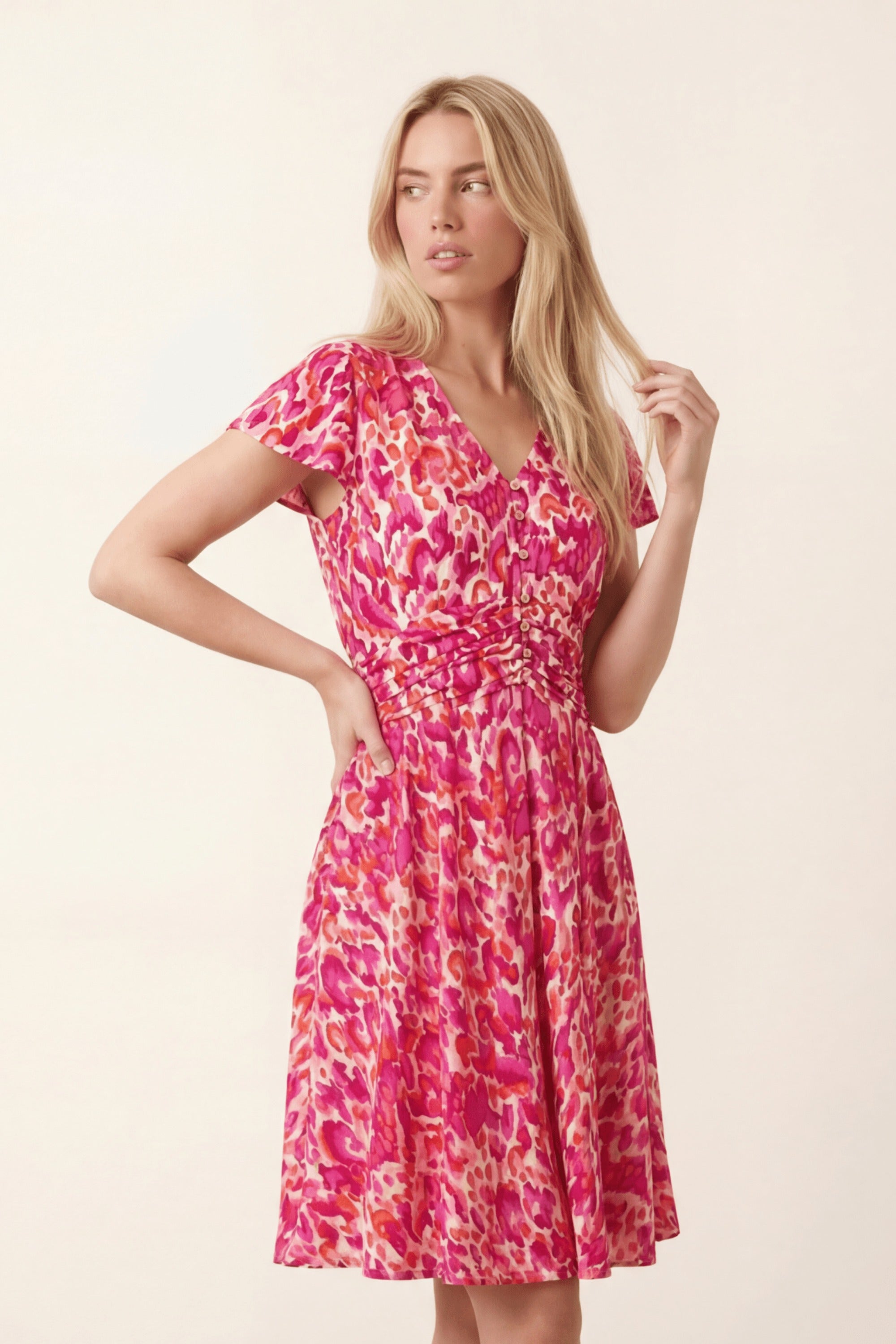 Pink flute sleeve Mini Dress with pockets - Style Cheat